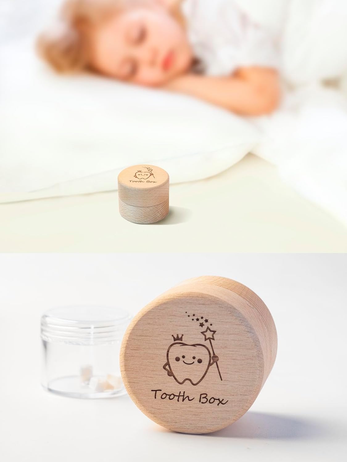 Tooth Fairy Box Wooden Cute Teeth Storage with Acrylic Bottle