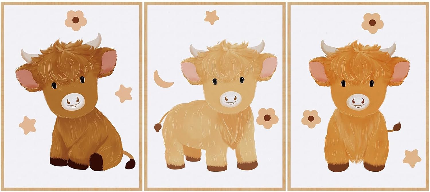 Geyoga 3 Pcs Baby Highland Cattle Wall Decor Art