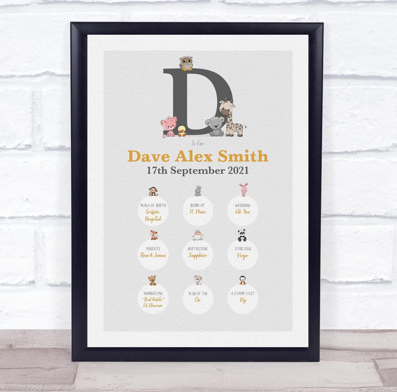 New Baby Birth Details Christening Animal Initial D Keepsake Print