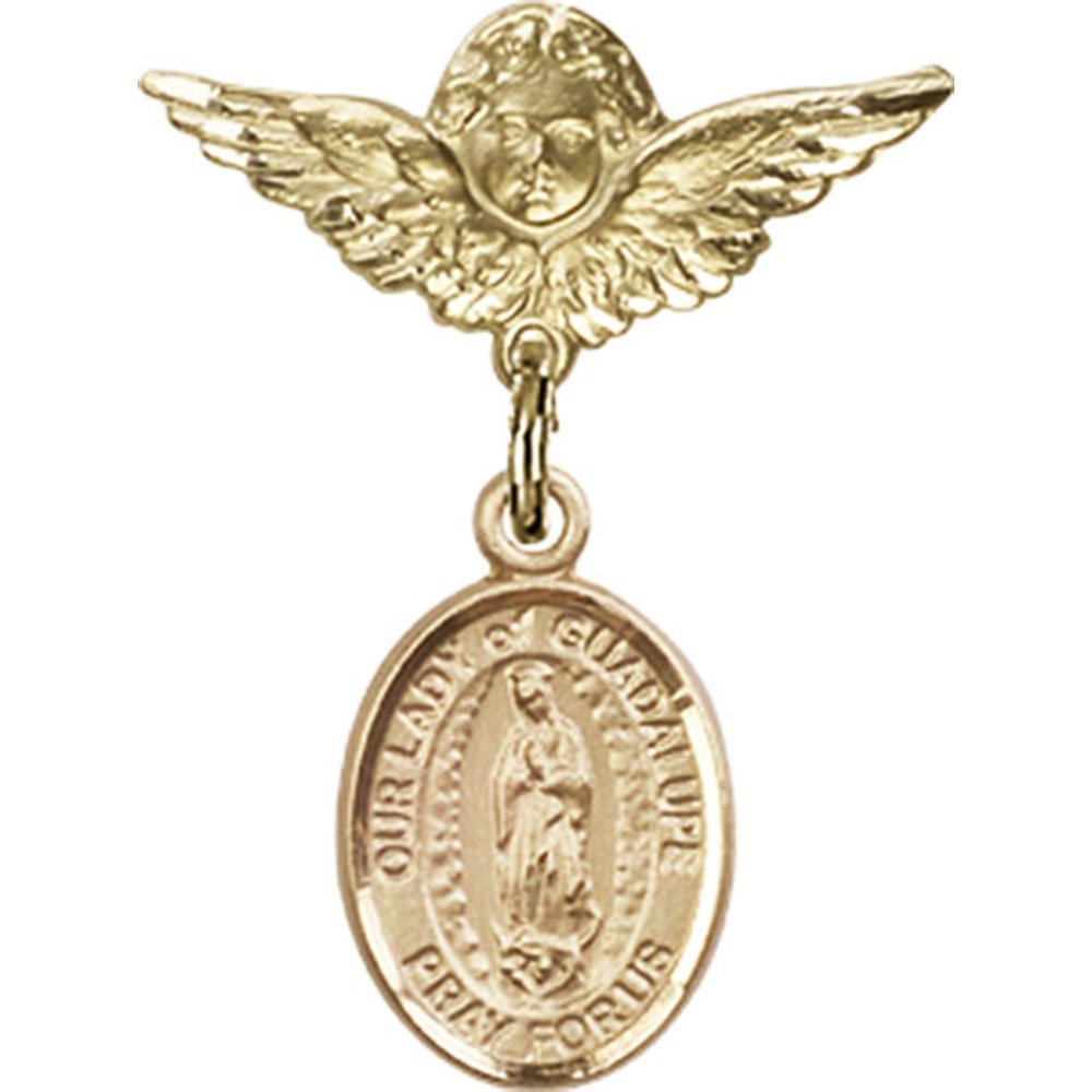 Gold Filled Baby Badge with Angel and Our Lady of Guadalupe Charms