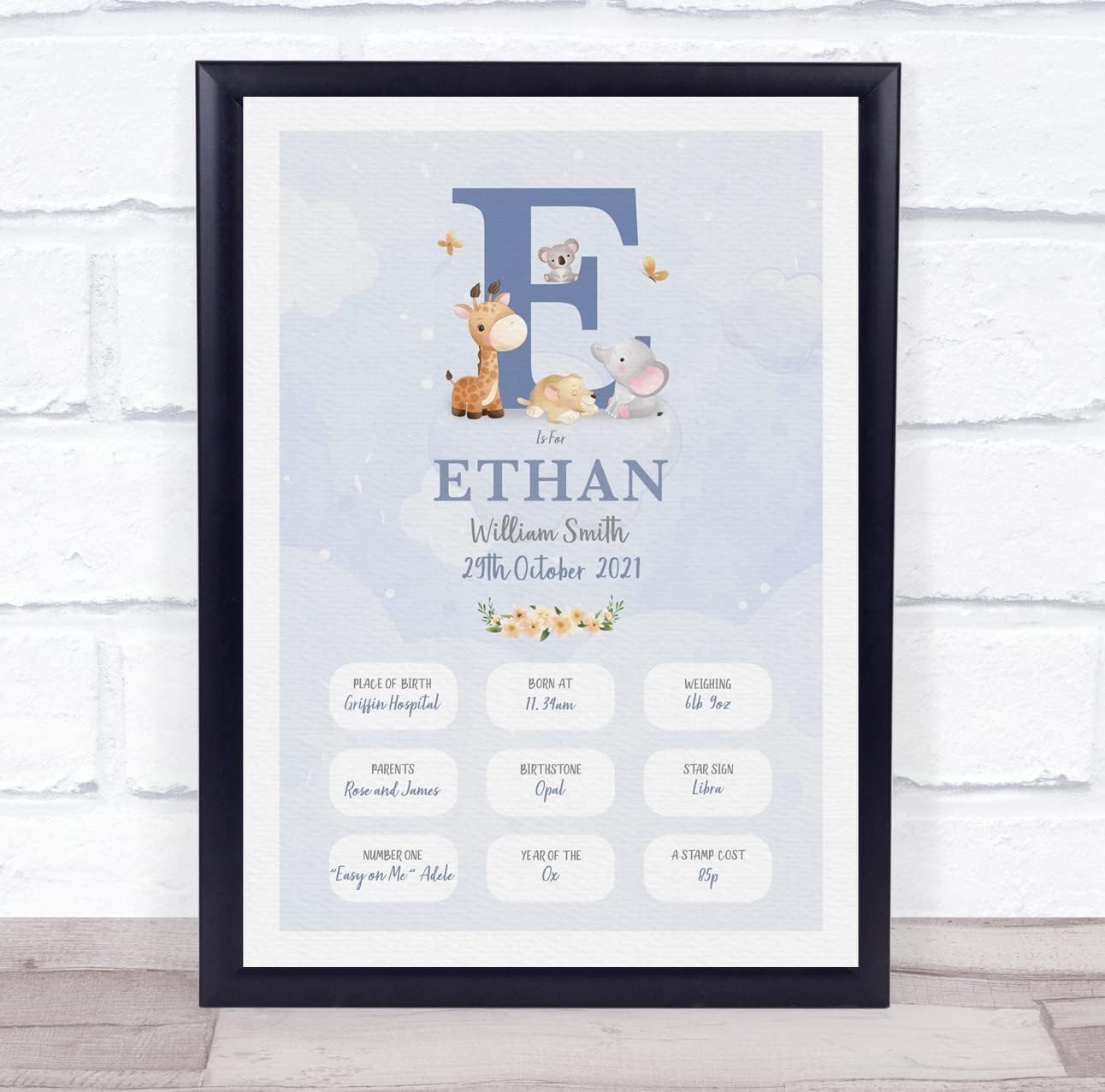 New Baby Birth Details Christening Nursery Blue Initial E Keepsake Frame 1