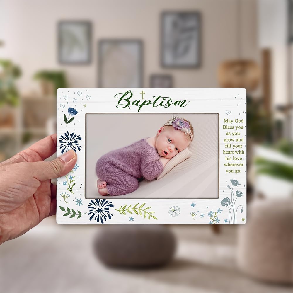KLYTINK Baptism Photo Frame with Cross and Blessing Message - 4x6Inch Blue