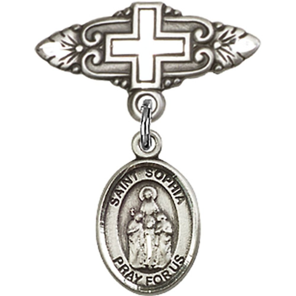 Sterling Silver Baby Badge with Cross and St Sophia Charm