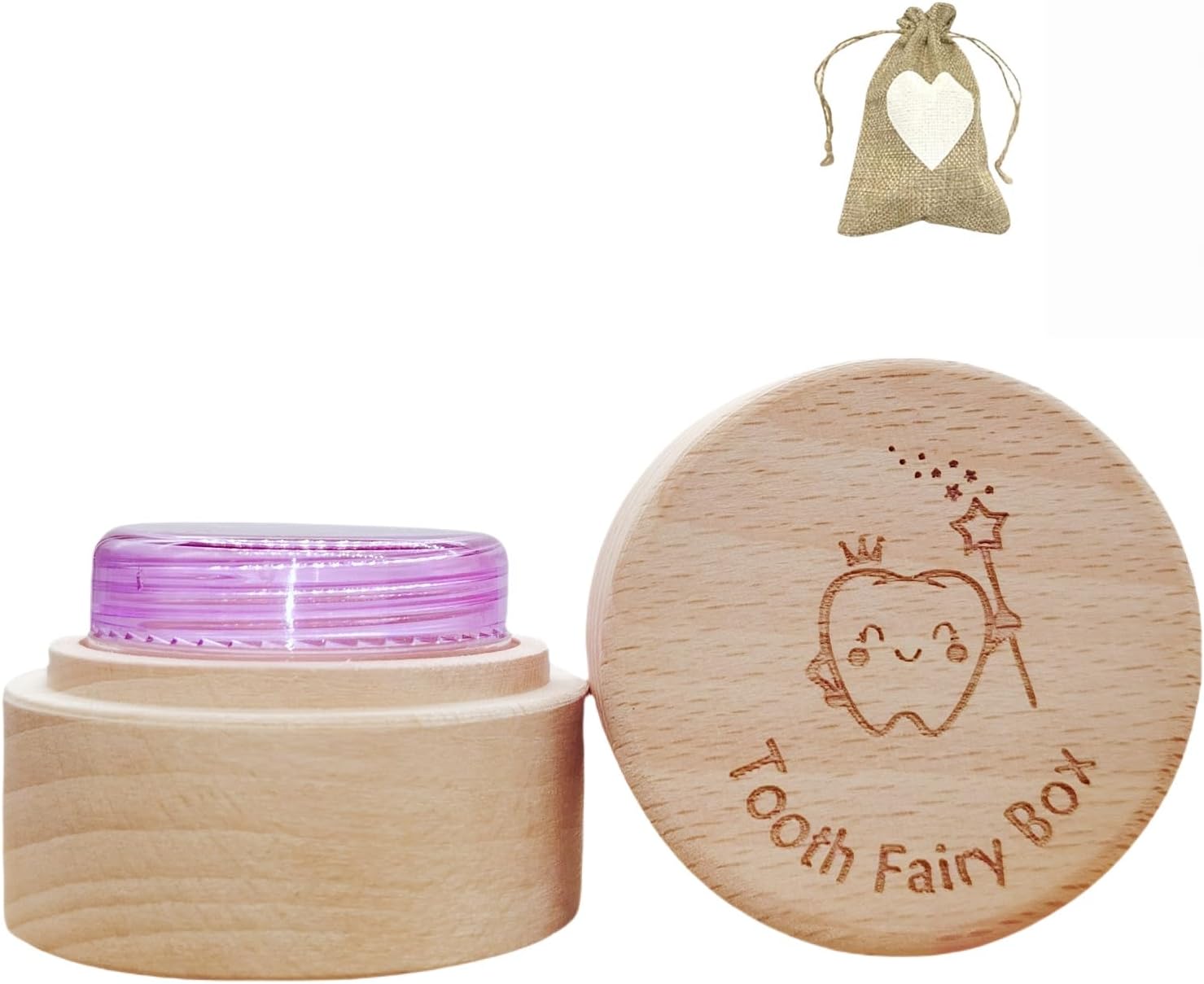 Wooden Tooth Fairy Box with Clear Container and Storage Pouch