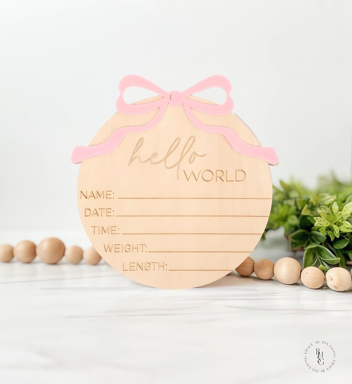 Newborn Welcome Sign with Pink Bow Wooden Design