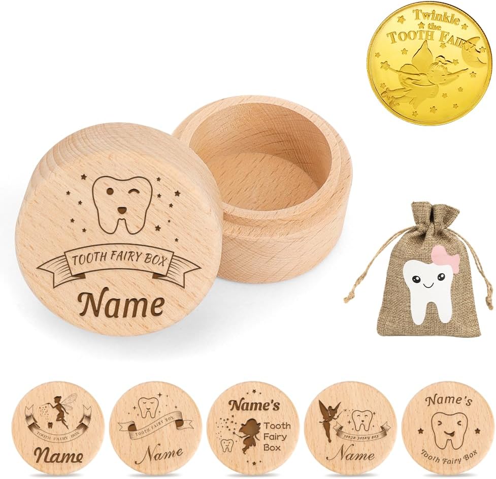 Personalized Wooden Tooth Fairy Box with Coin and Bag