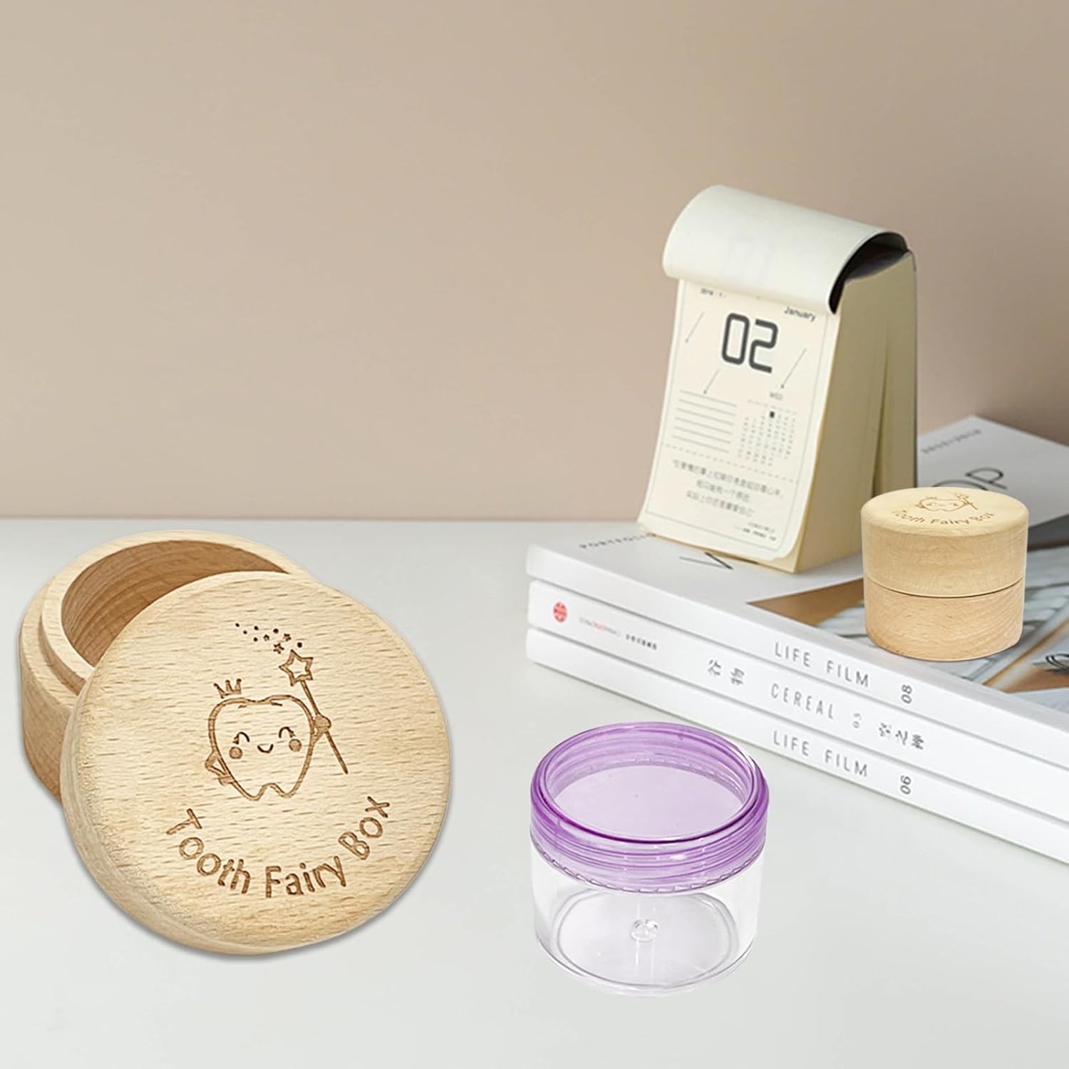Wooden Tooth Fairy Box with Clear Container and Storage Pouch