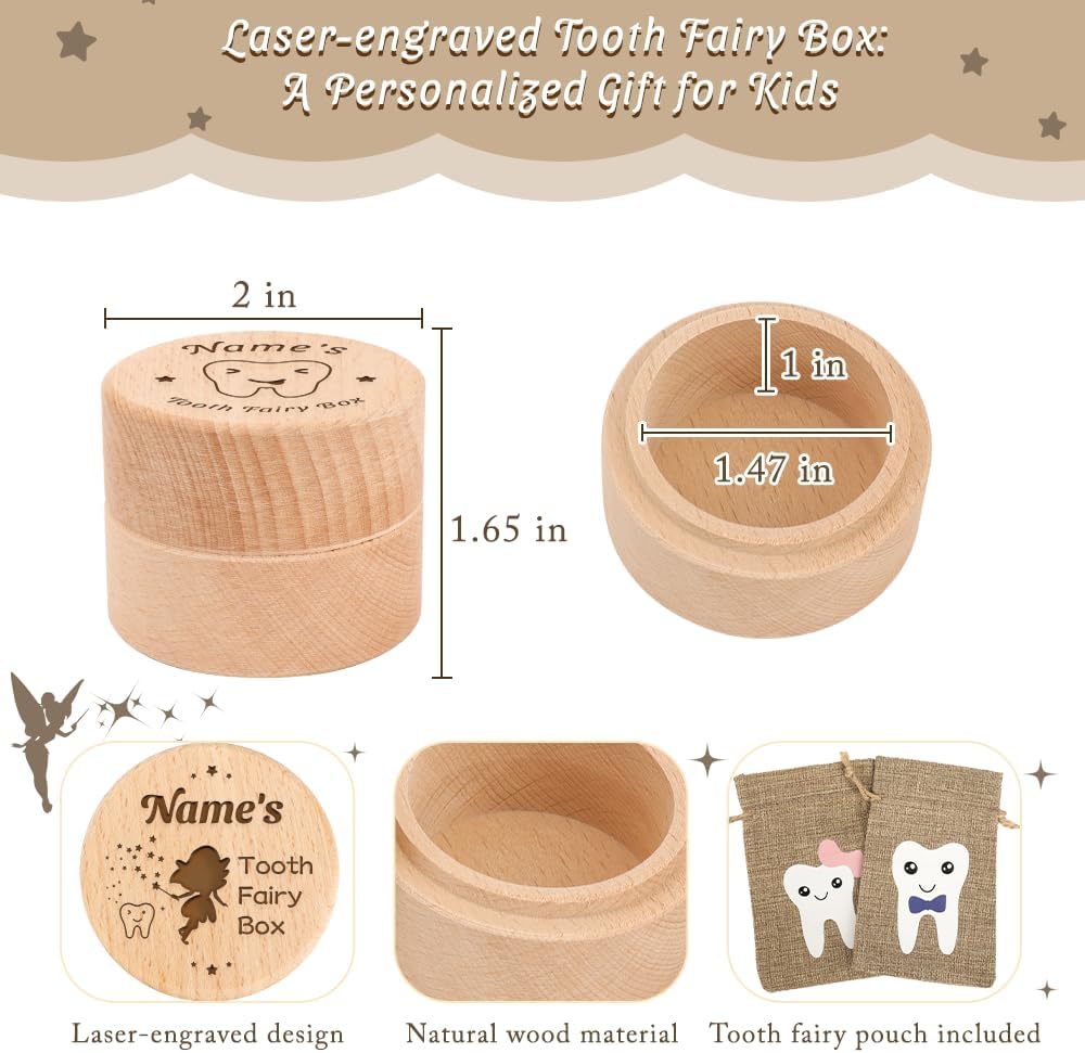 Personalized Wooden Tooth Fairy Box with Coin and Bag