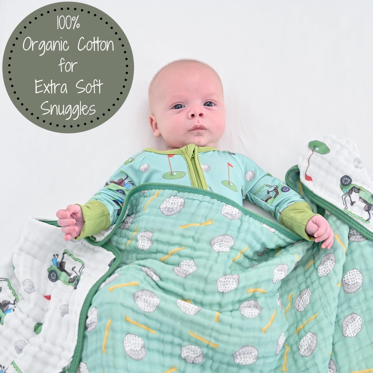 LollyBanks Golf Print Muslin Blanket 47x47 6 Layers Organic Cotton