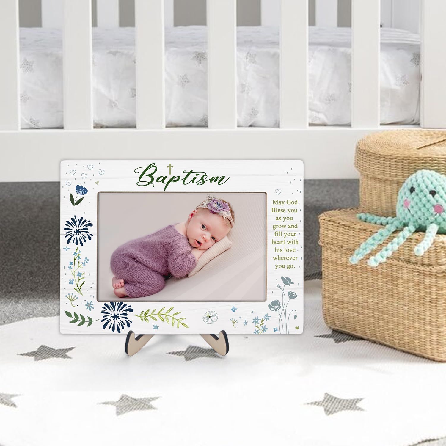 KLYTINK Baptism Photo Frame with Cross and Blessing Message - 4x6Inch Blue