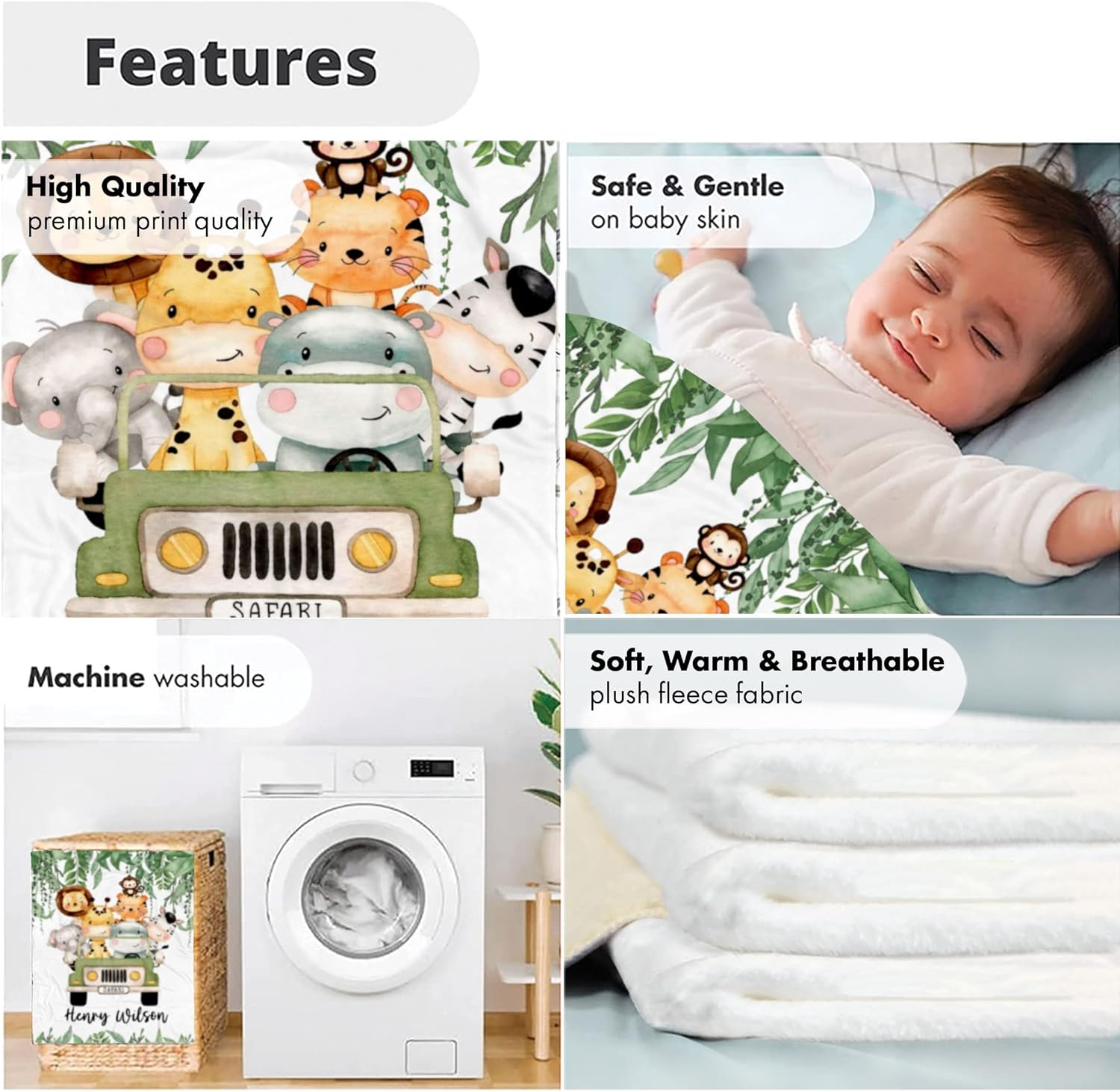 Personalized Safari Baby Blanket with Custom Name