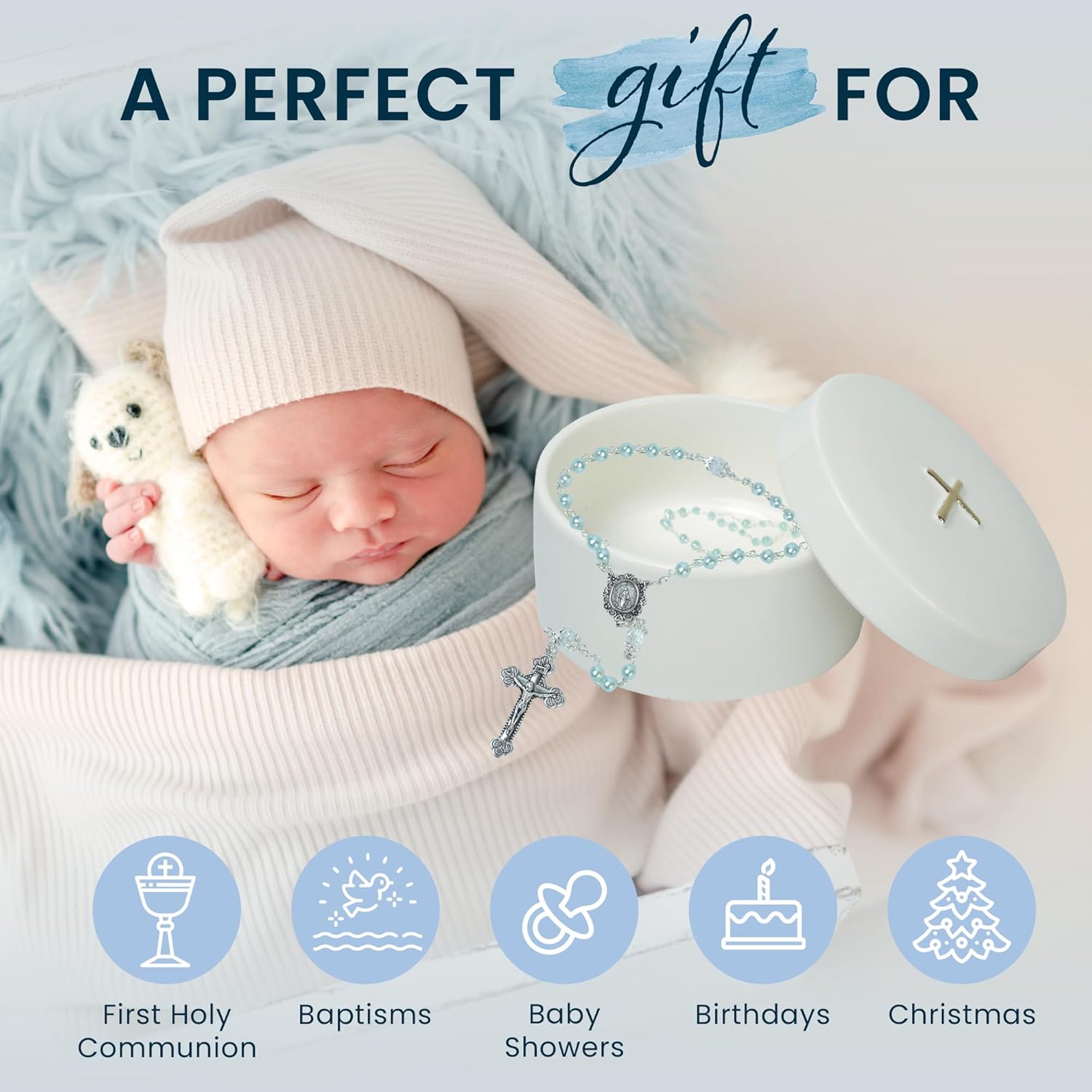 Sweet Treasures Gift - Baptism Rosary for Boys with Ceramic Box and Card