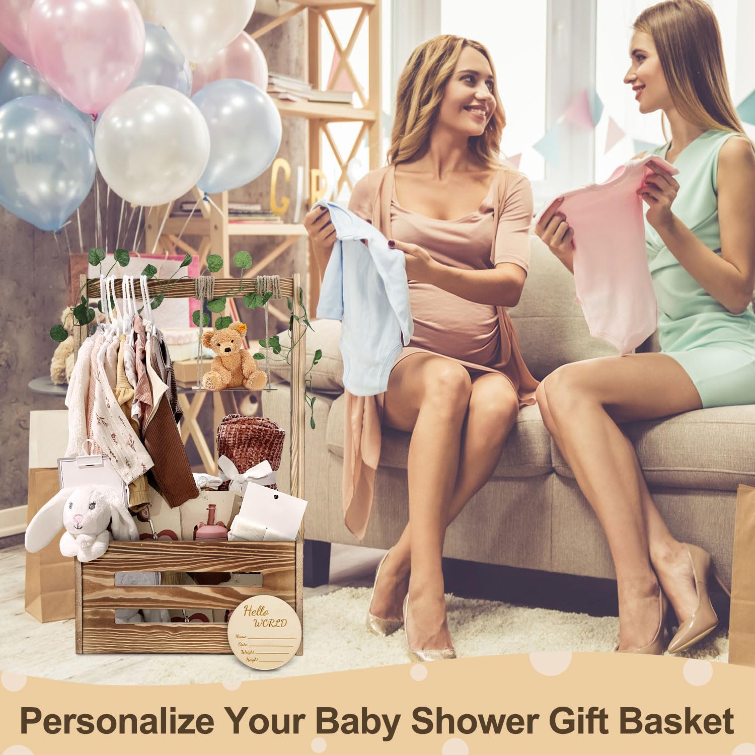 TAEYONK Wooden Baby Shower Crate with Hanger Rack and Handle