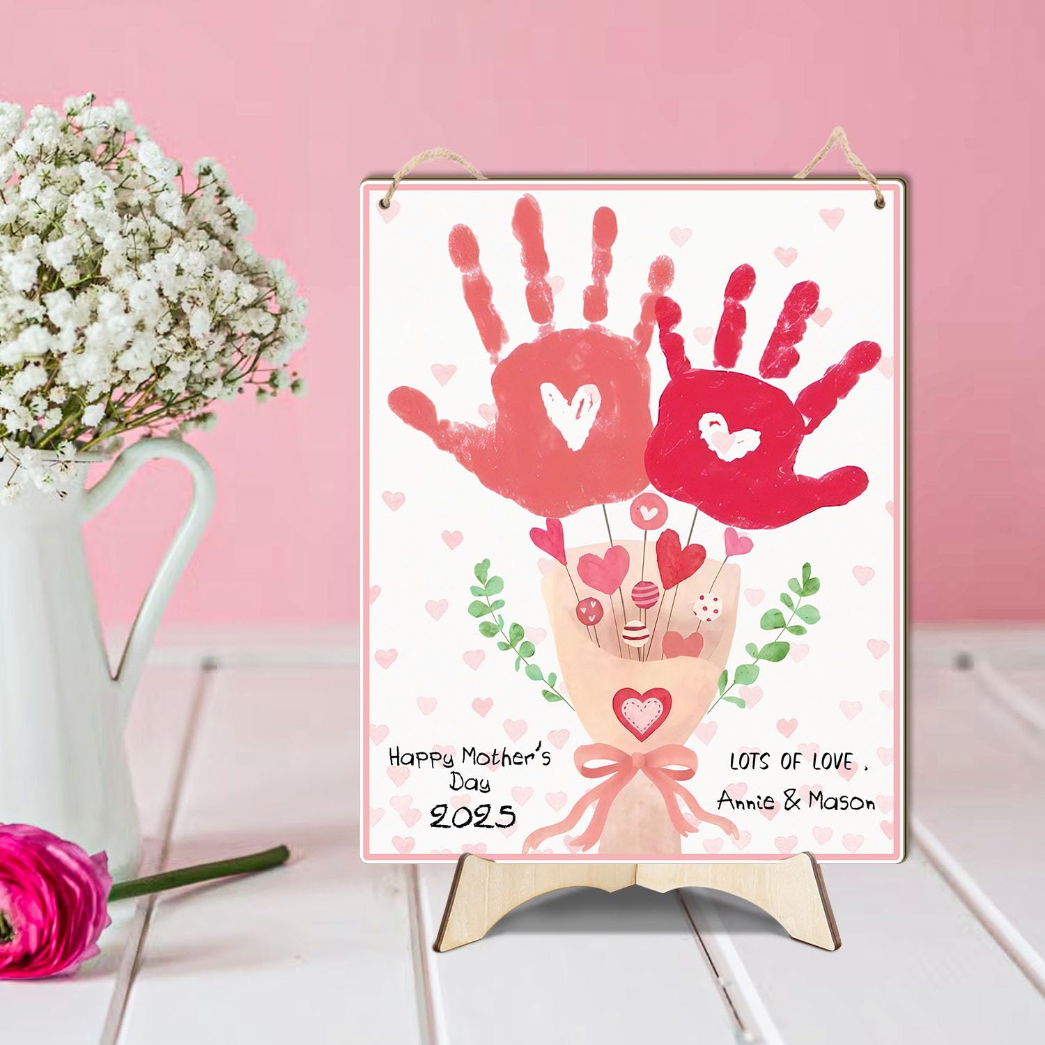Pink Floral Bouquet Baby Handprint Sign