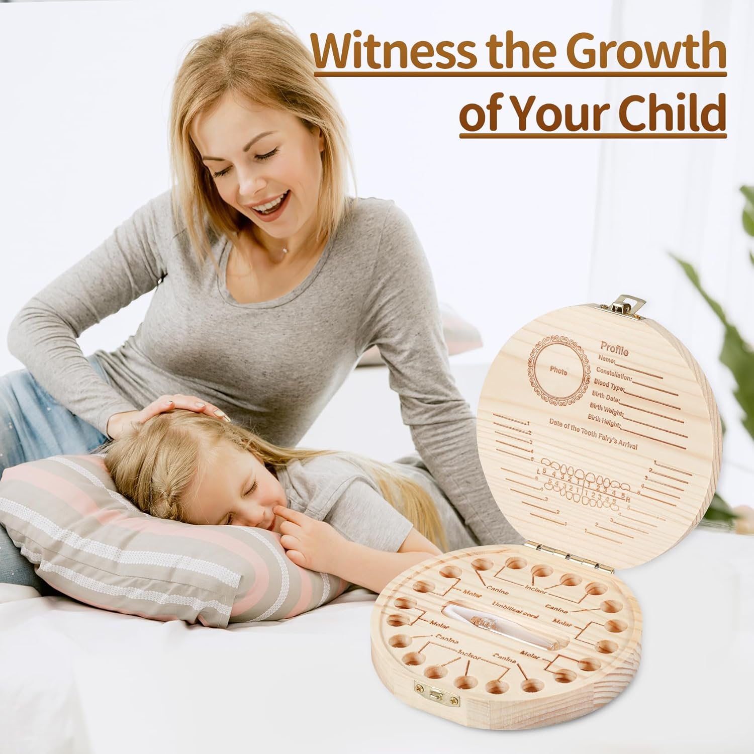 Annhua Wooden Baby Teeth Keepsake Box with Tweezer and Fetal Hair Container