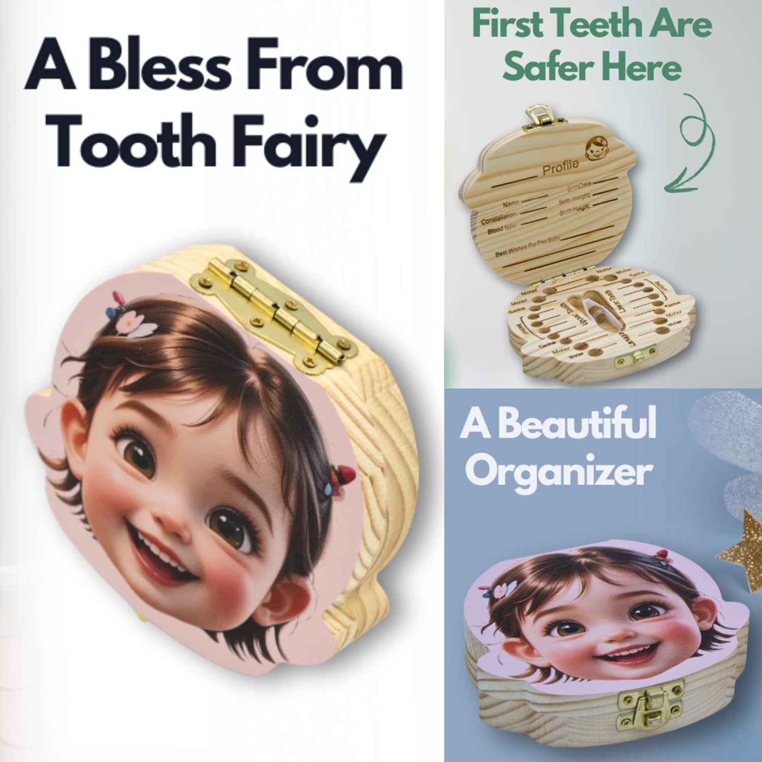 Personalized Wooden Baby Tooth Fairy Keepsake Box with Lanugo Bottle 1