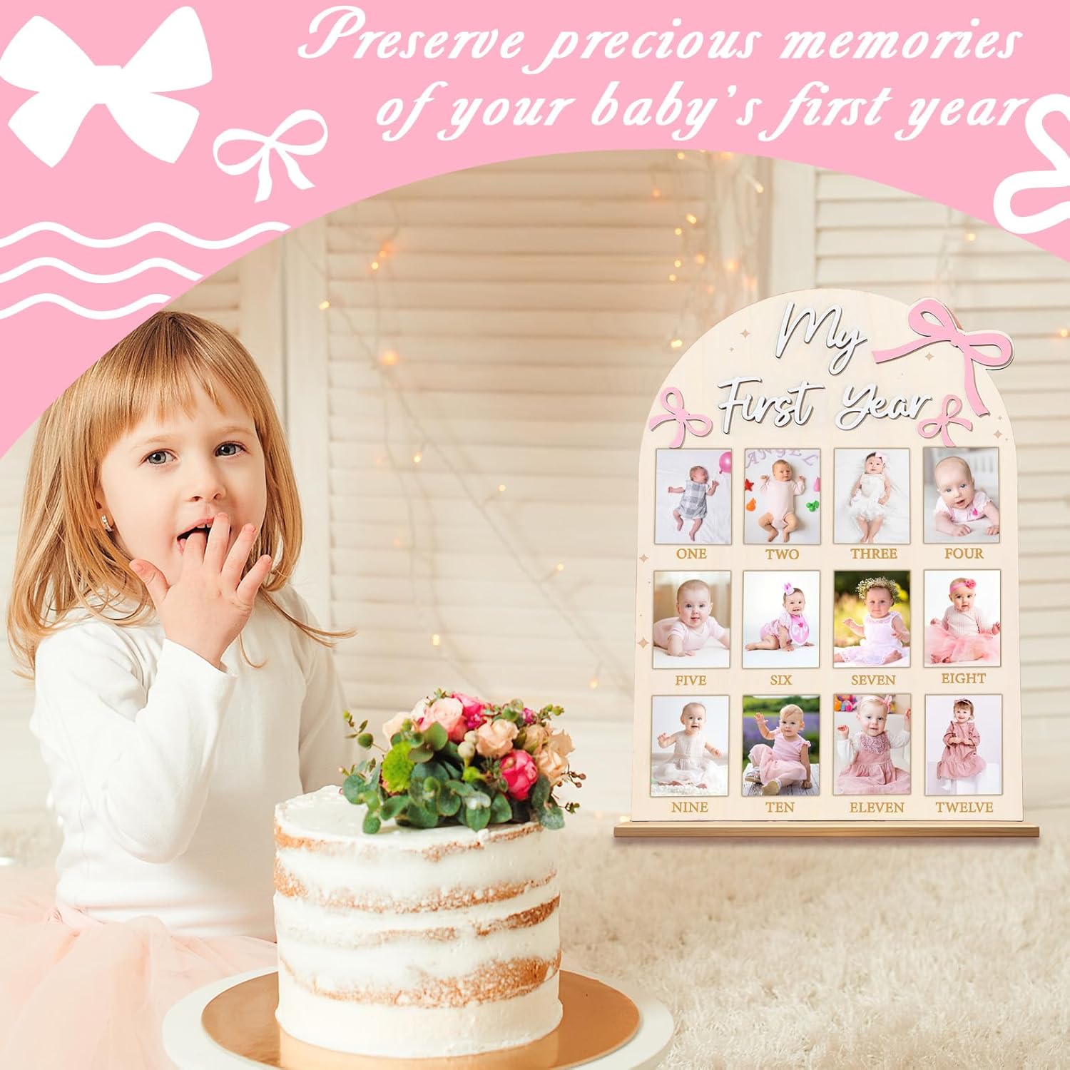Pink Bow First Year Milestone Photo Board Decor