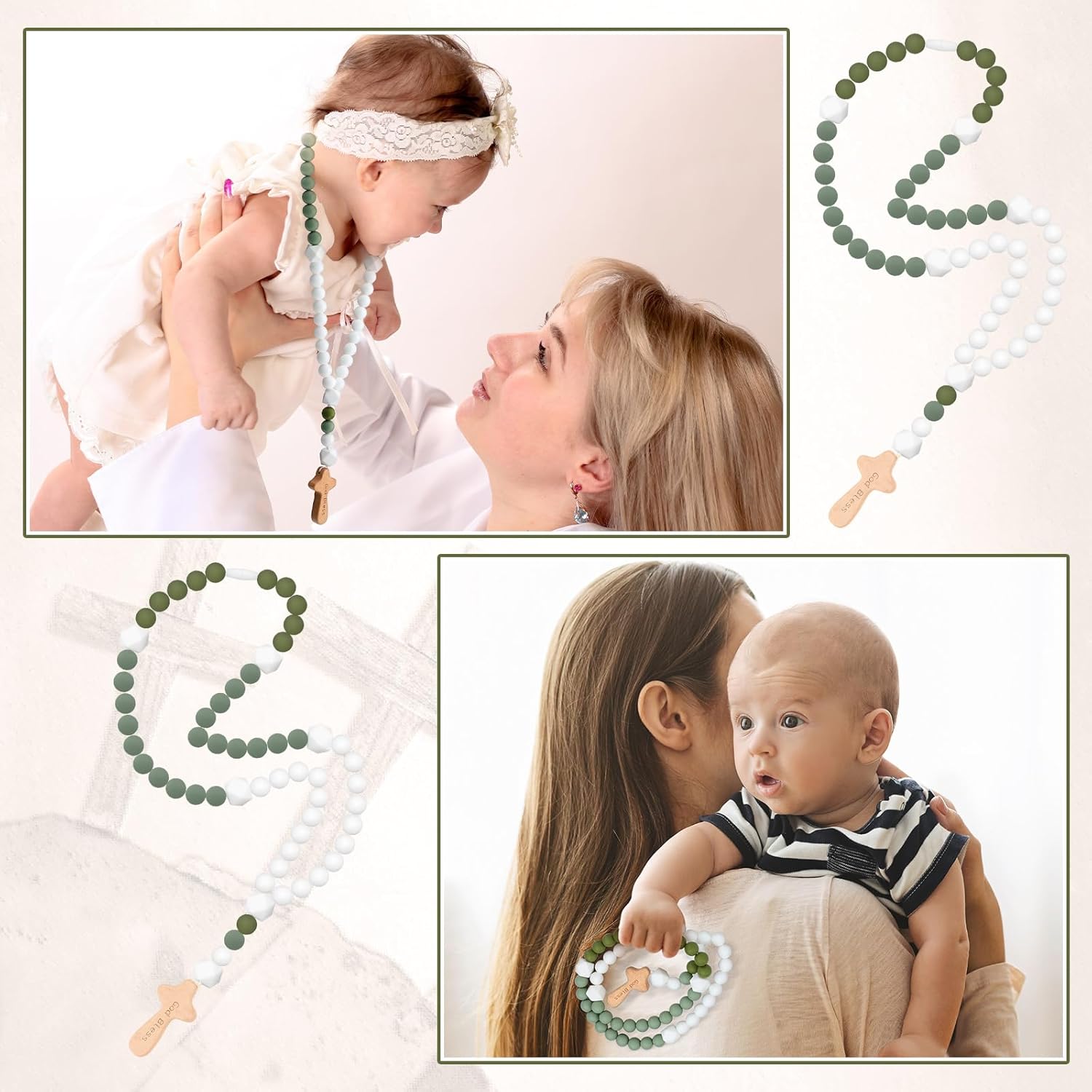 Misdary Baby Silicone Rosary Baptism Gift Green Square