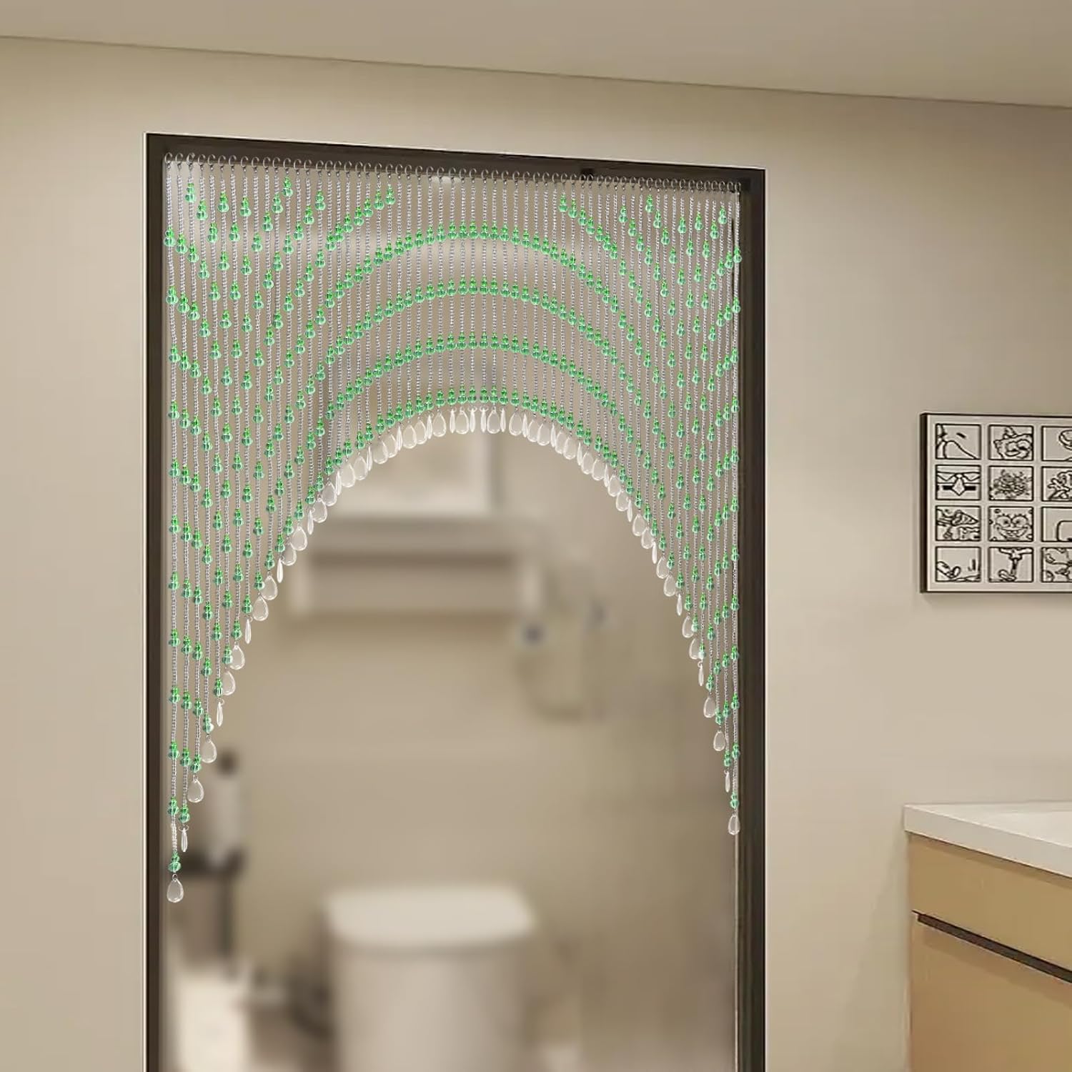 Green Beaded Curtain for Doorway and Window with Stainless Steel Strings