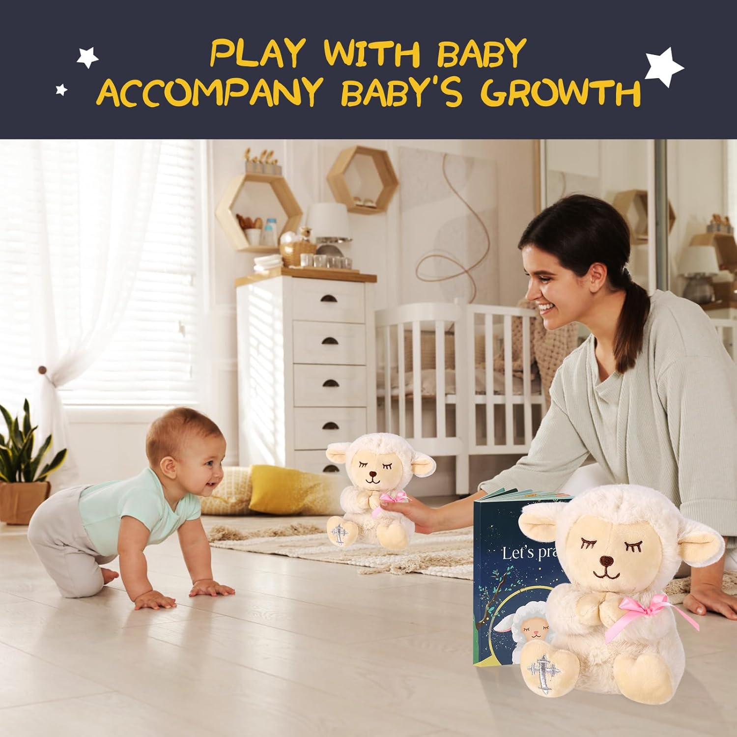 VUNCESSIN Baby Girl Baptism Gift Set with Plush Lamb and Prayer Book