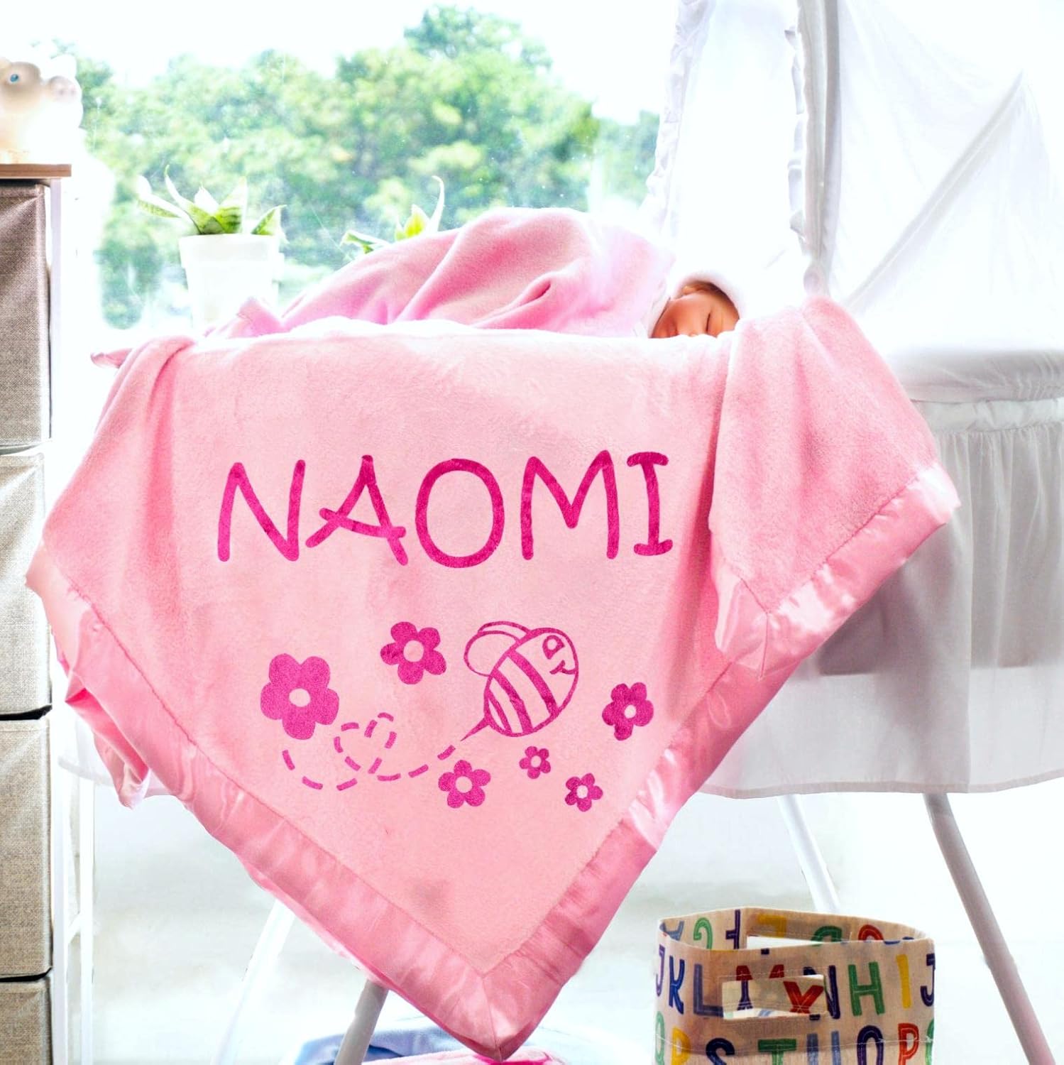 Custom Catch Personalized Girl Pink Baby Blanket with Flower Design
