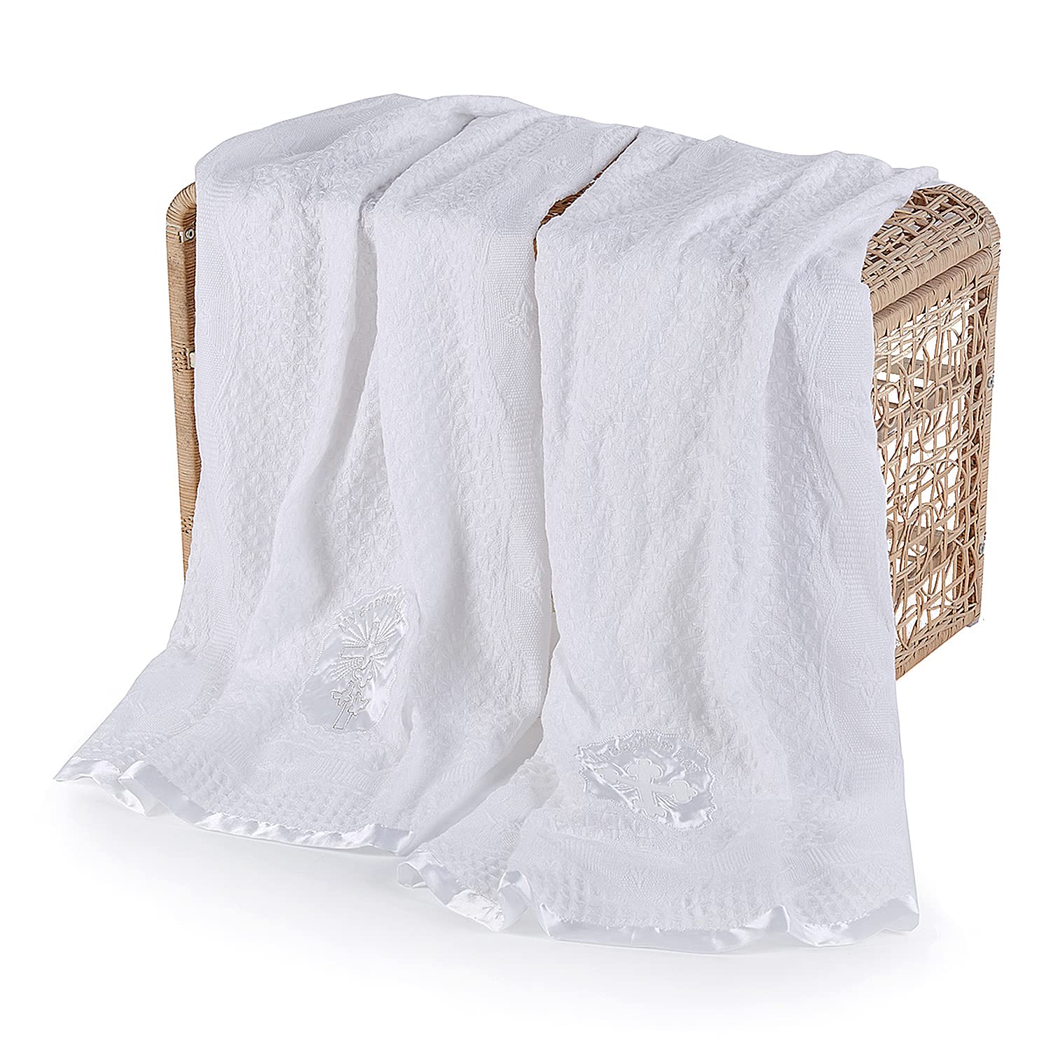 Booulfi Baby Blanket with Cross Embroidery and Satin Trim