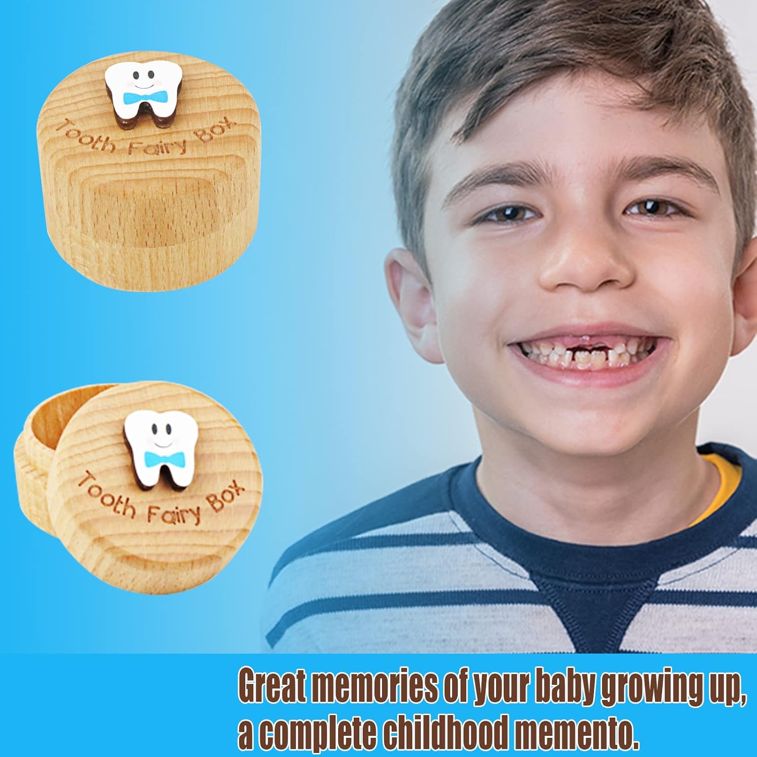 Tooth Fairy Box Wooden Cute 3D Tooth Box for Kids Blue