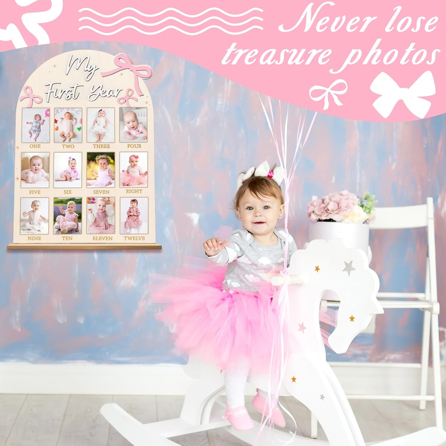 Pink Bow First Year Milestone Photo Board Decor