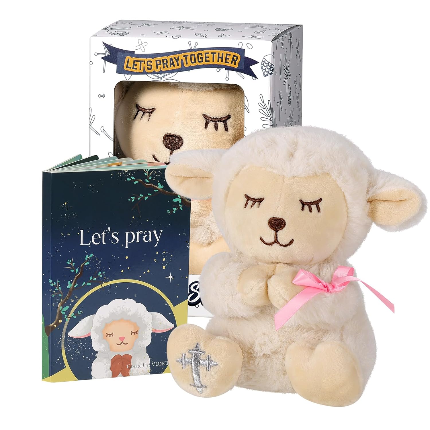 VUNCESSIN Baby Girl Baptism Gift Set with Plush Lamb and Prayer Book