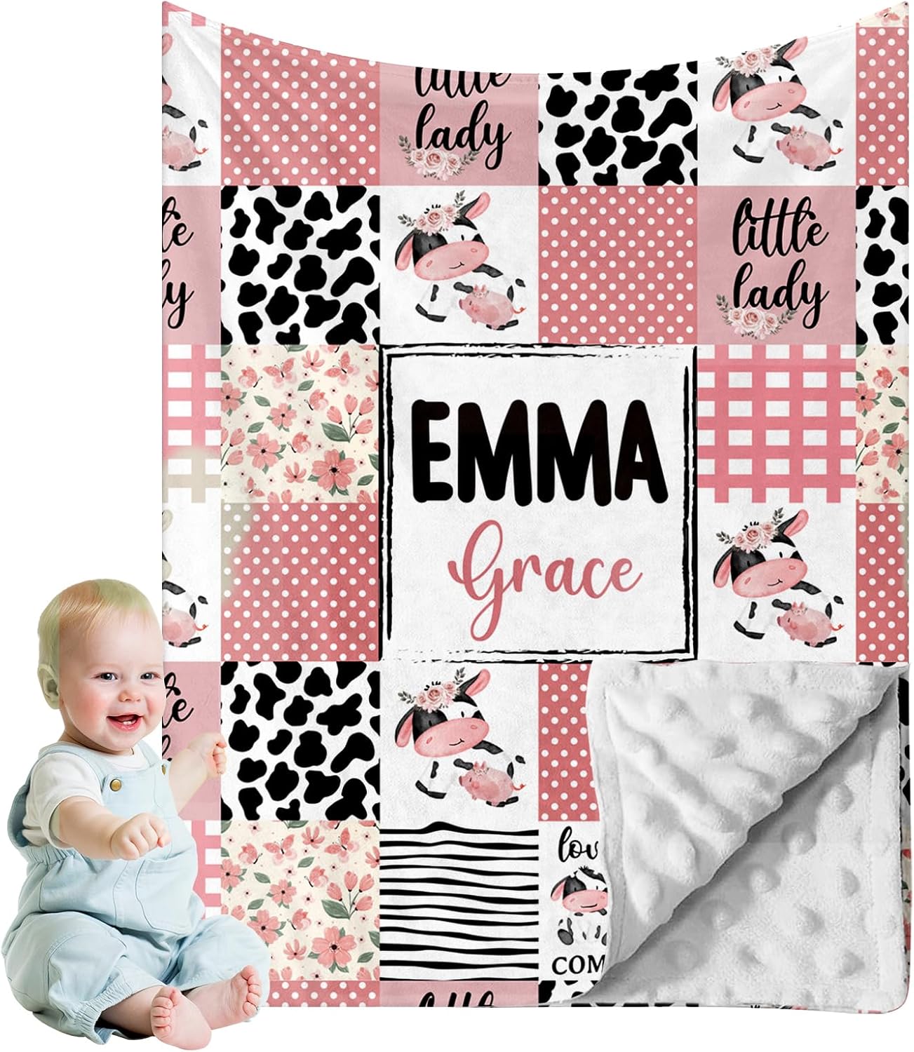 Custom Baby Blanket - Pink Cow Design for Boys Girls