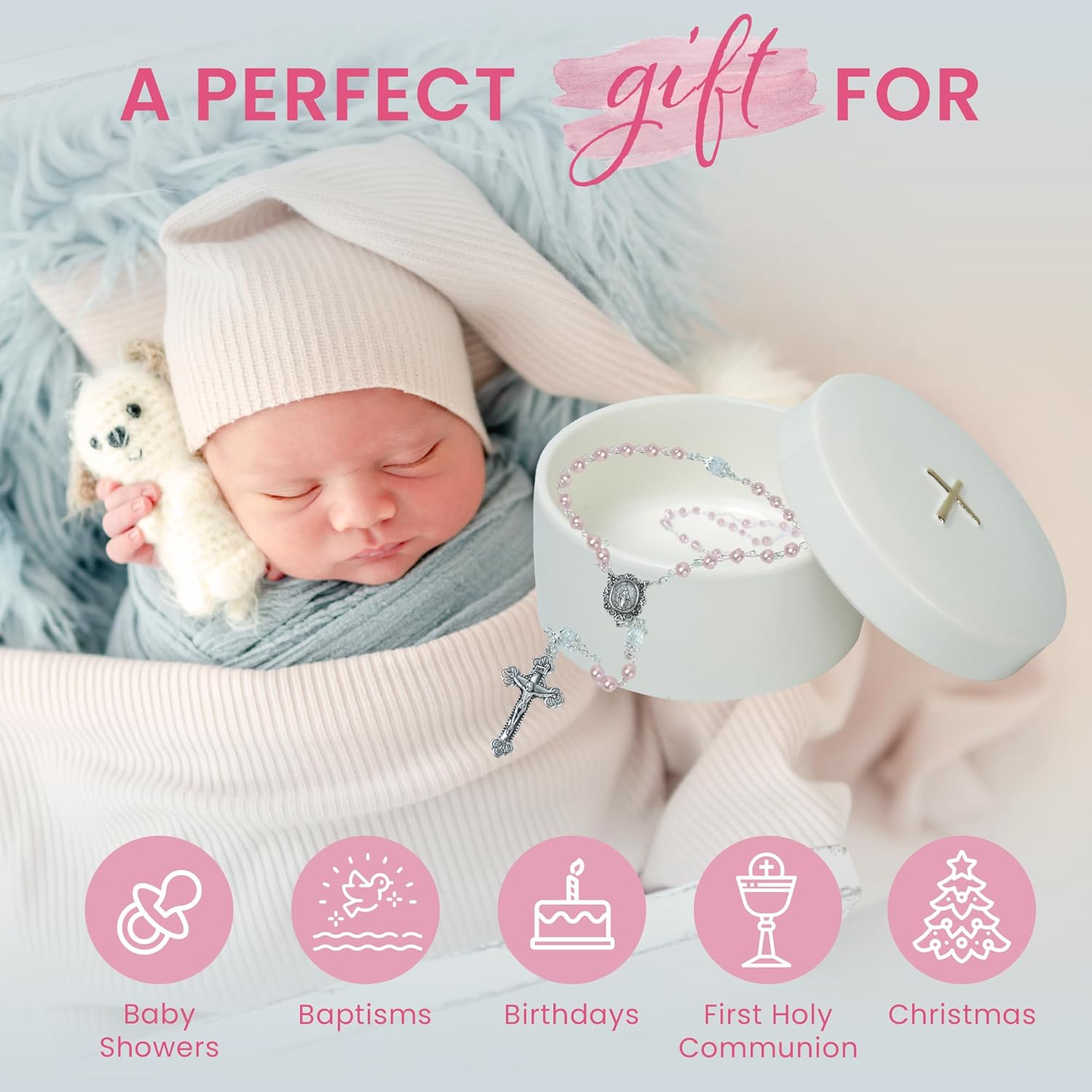 Sweet Treasures Gift Baptism Rosary Set with Ceramic Box and Card