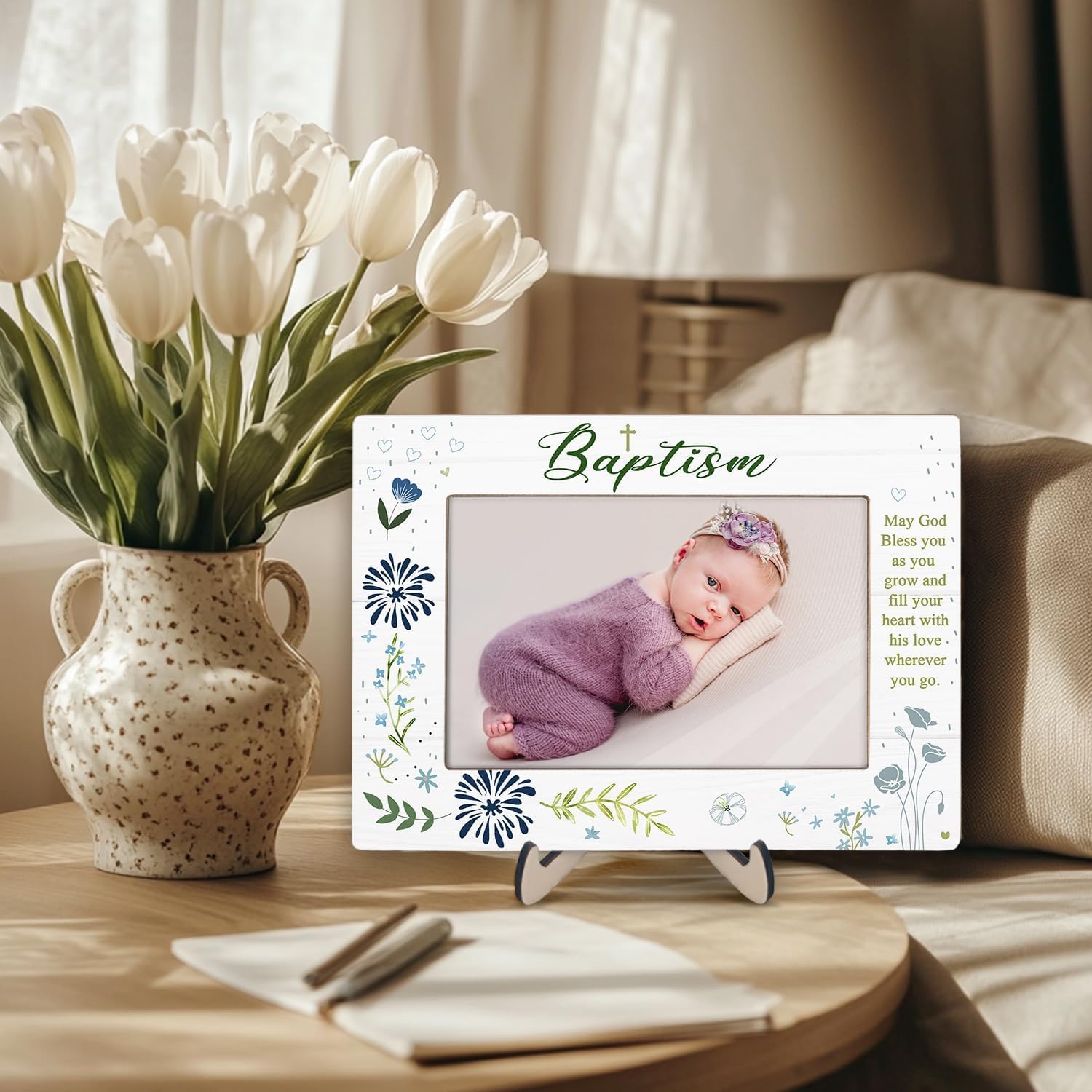 KLYTINK Baptism Photo Frame with Cross and Blessing Message - 4x6Inch Blue