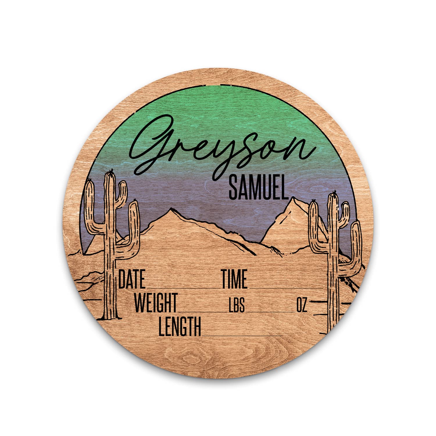 Personalized Birth Stat Sign for Newborn Baby Green Western Sunset Design