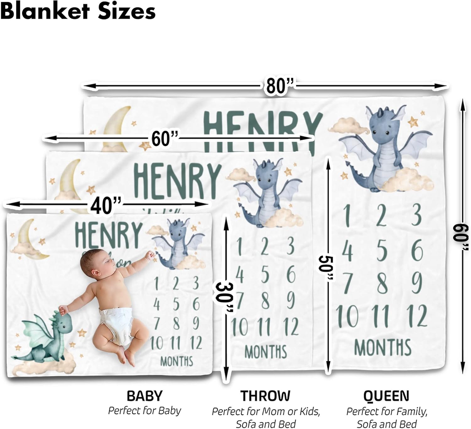 Personalized Dragon and Clouds Baby Blanket with Custom Name