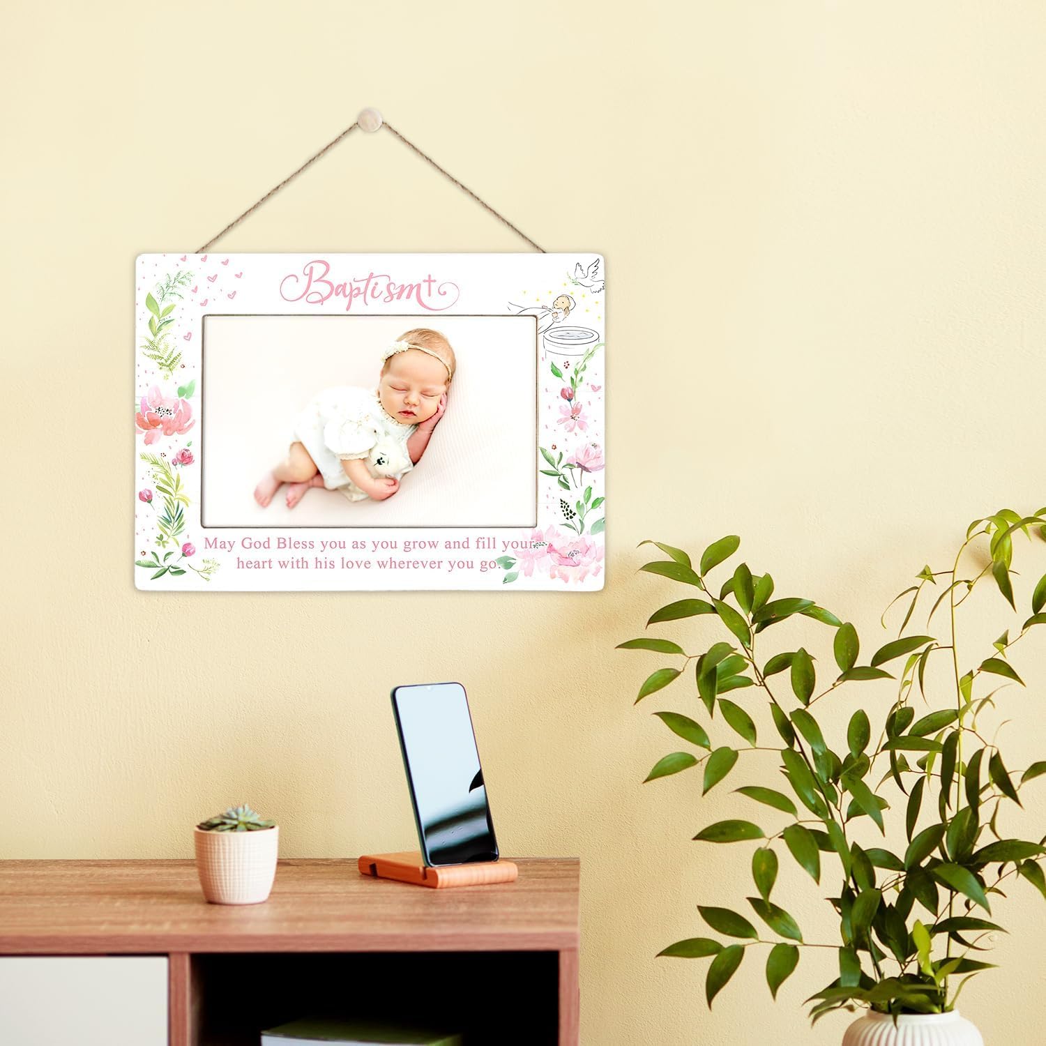 Baptism Gift Photo Frame for Godchild - 4x6 Inch Pink