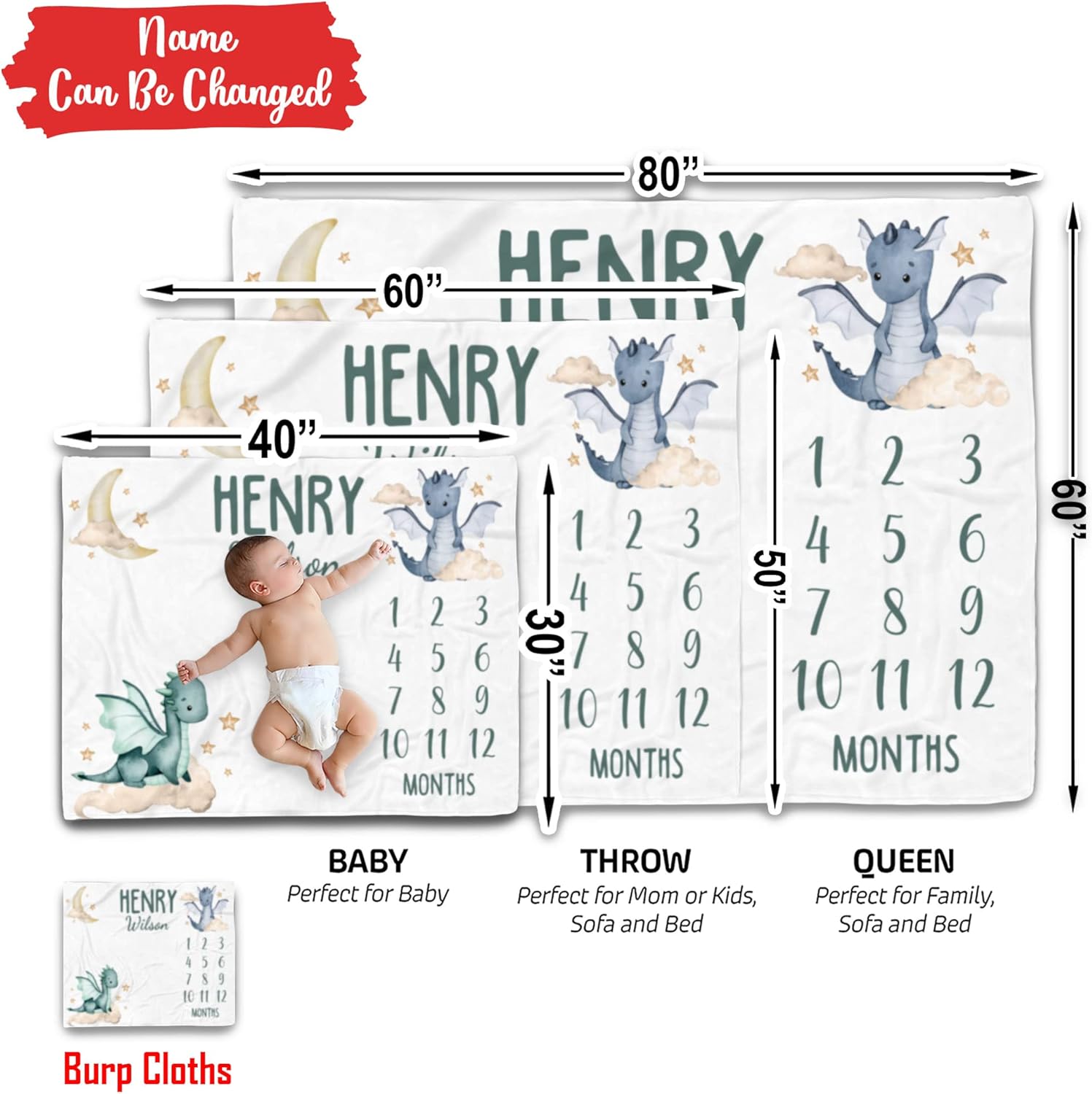 Personalized Dragon and Clouds Baby Blanket with Custom Name