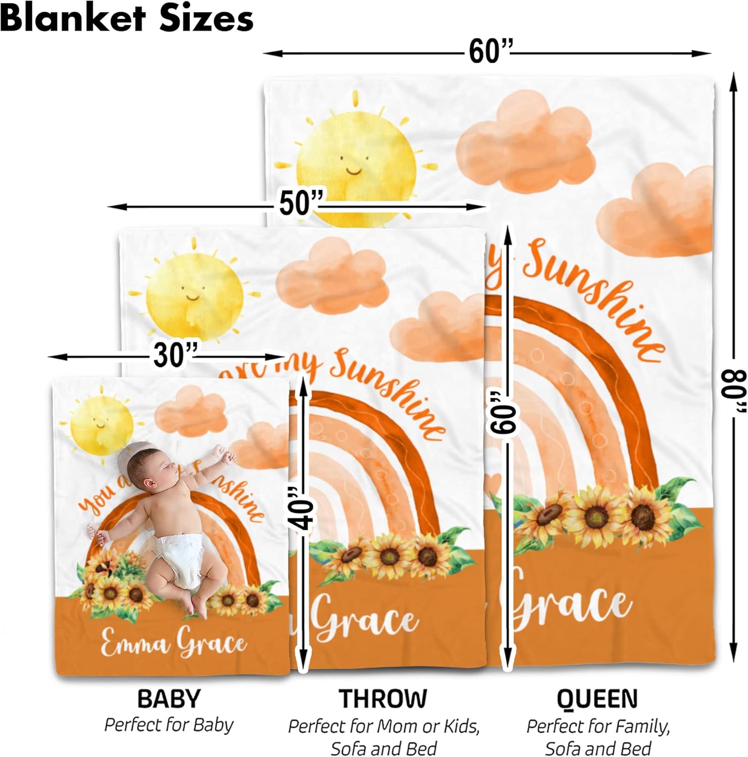 Personalized Sun and Clouds Baby Blanket - You are My Sunshine
