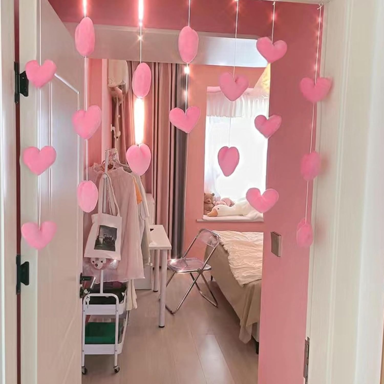 Fluffy Heart Door Hanging Decor Plush Curtain - Light Pink