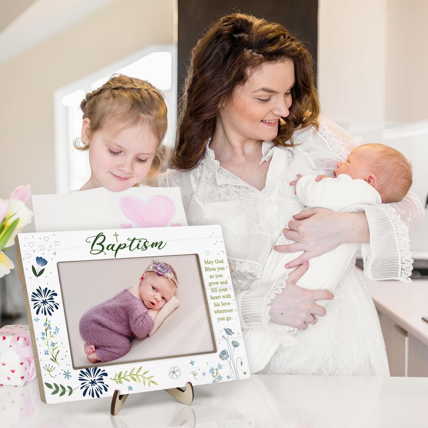 KLYTINK Baptism Photo Frame with Cross and Blessing Message - 4x6Inch Blue