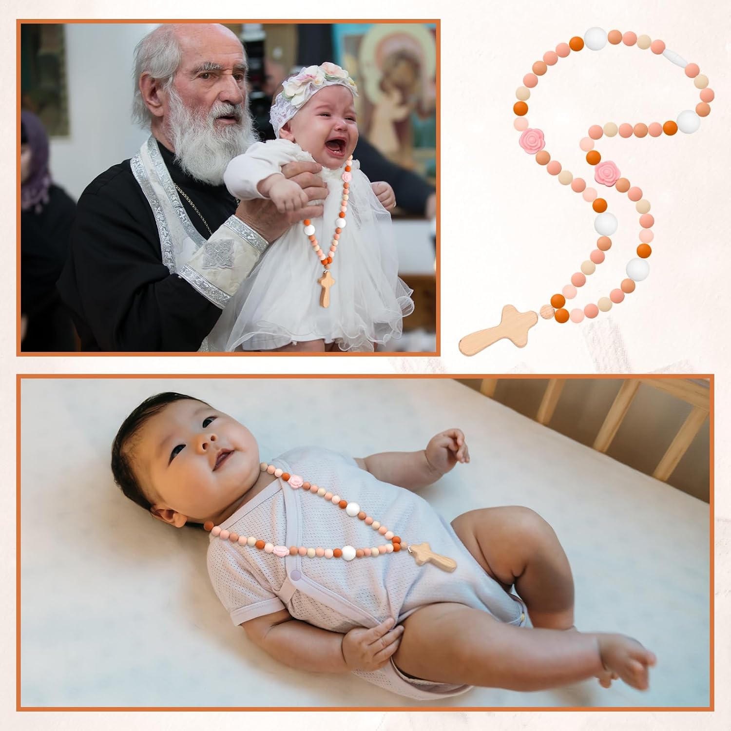 Misdary Baby Silicone Rosary Baptism Gift Pink Flowers 1
