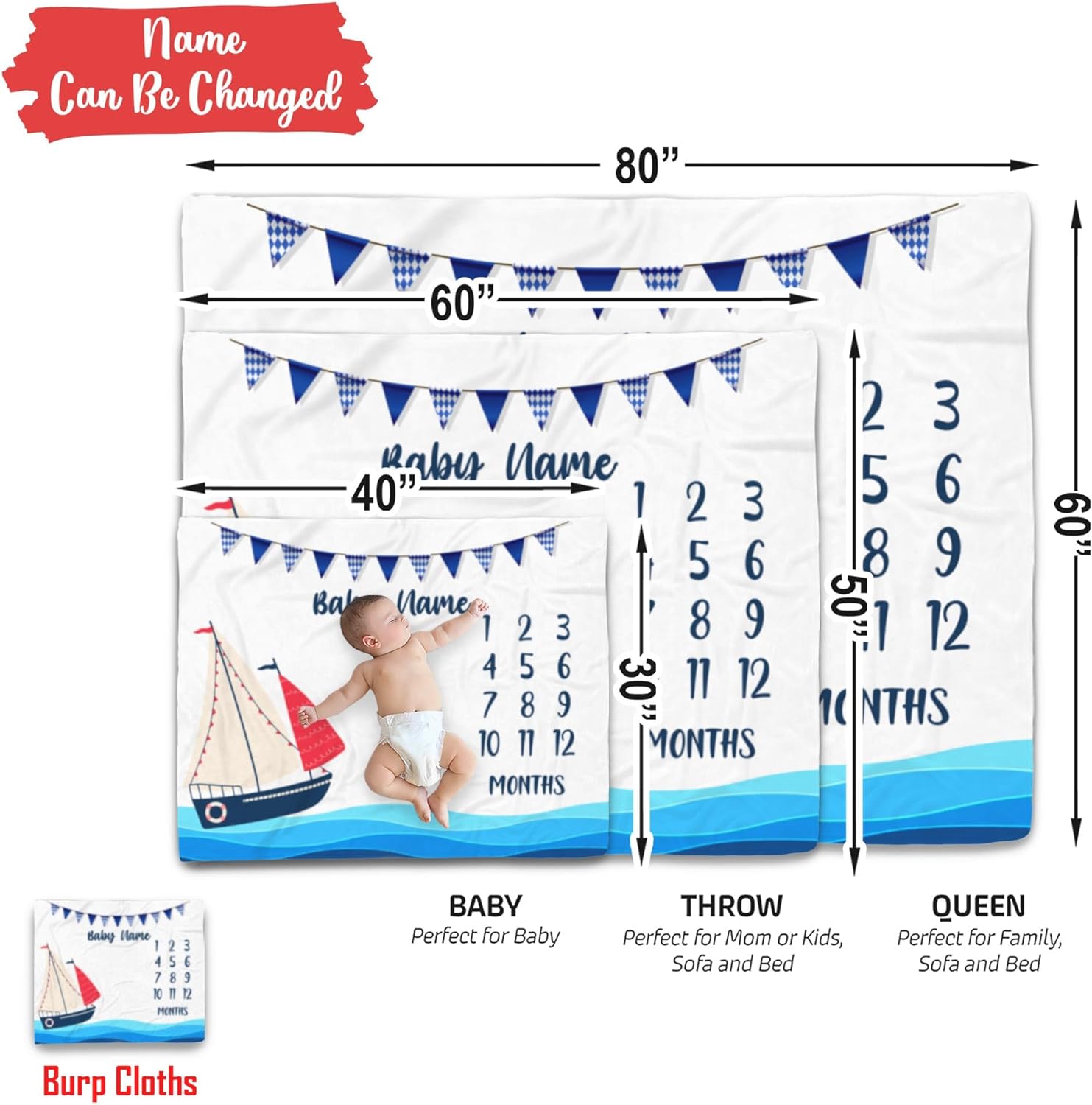 Personalized Sailing Baby Blanket with Name and Milestone Tracker