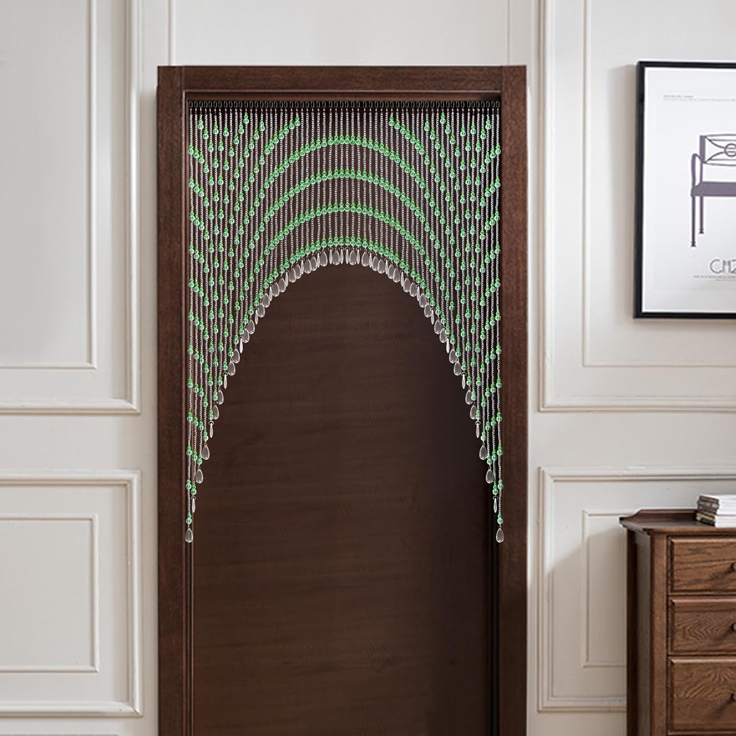 Green Beaded Curtain for Doorway and Window with Stainless Steel Strings
