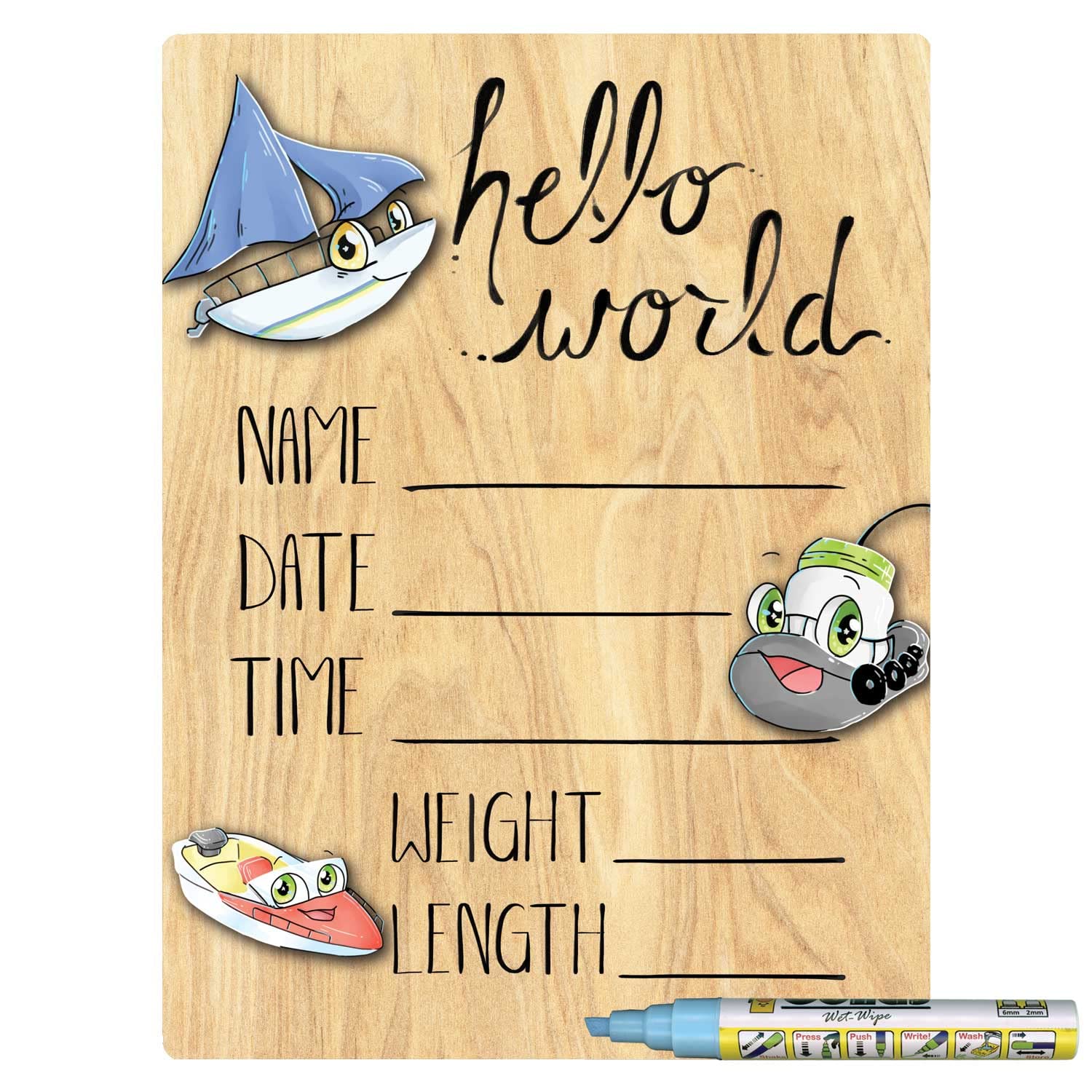 Cohas Hello World Newborn Baby Announcement Wood Sign with Boat Theme
