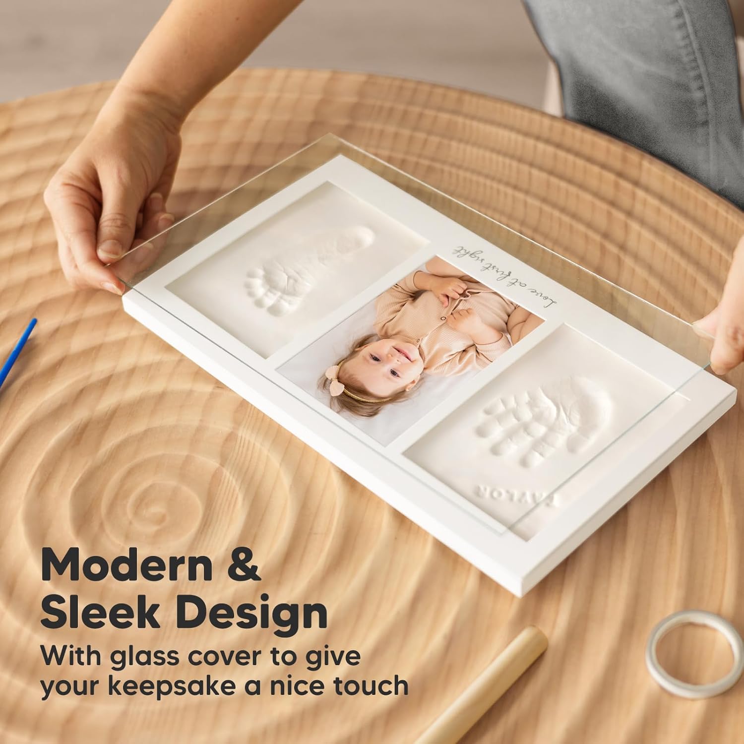 KeaBabies Baby Footprint Kit - Ash Wood Frame with Name Date Print