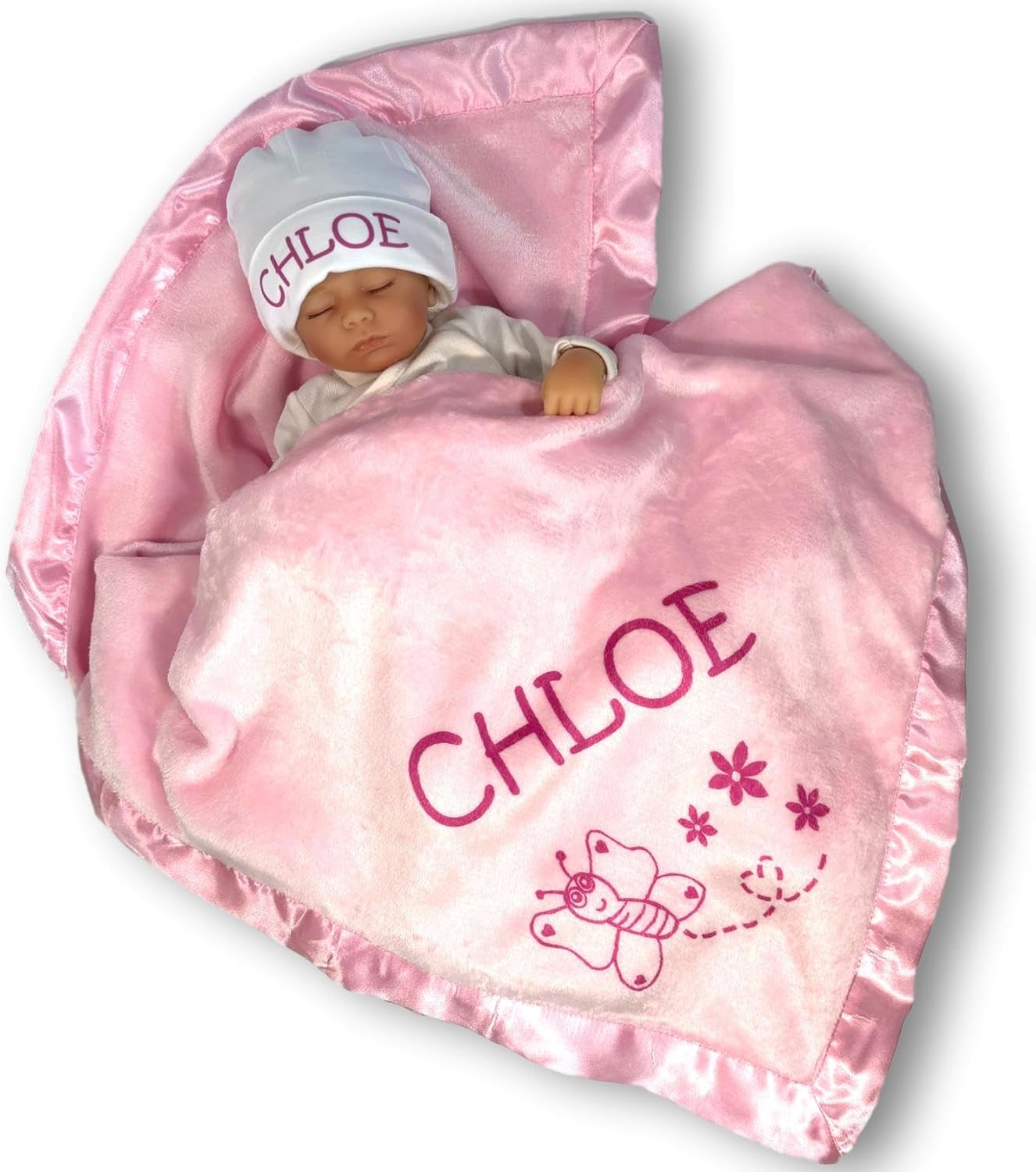 Custom Catch Personalized Girl Pink Baby Blanket with Flower Design
