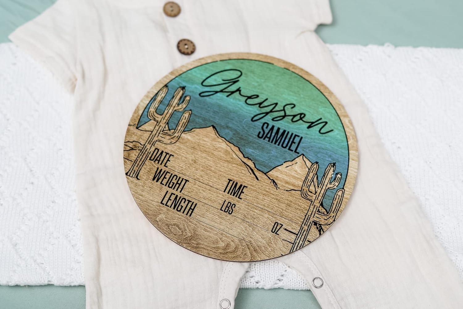 Personalized Birth Stat Sign for Newborn Baby Green Western Sunset Design