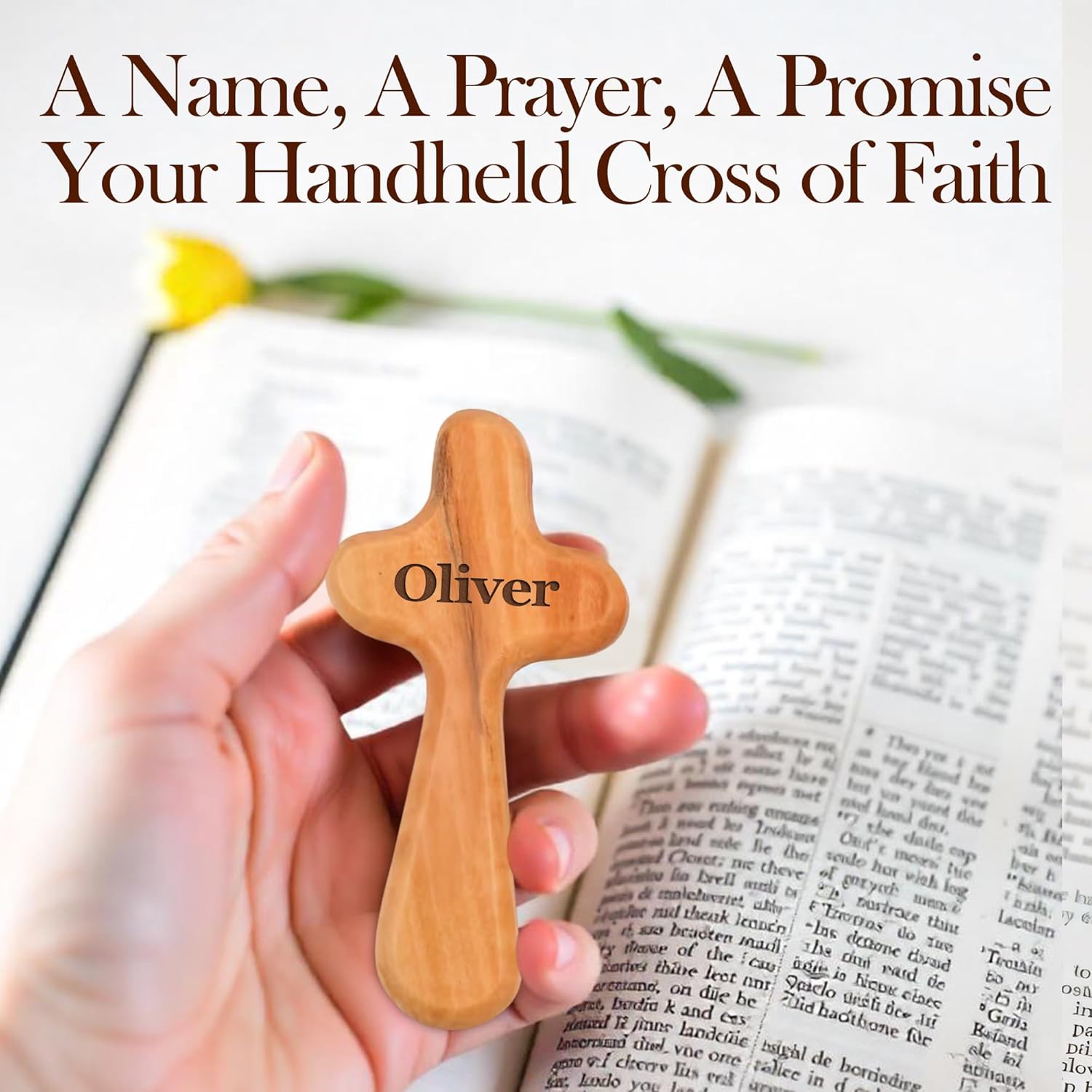 Personalized Olive Wood Cross with Name - 4 Inch Handcrafted Christian Keepsake