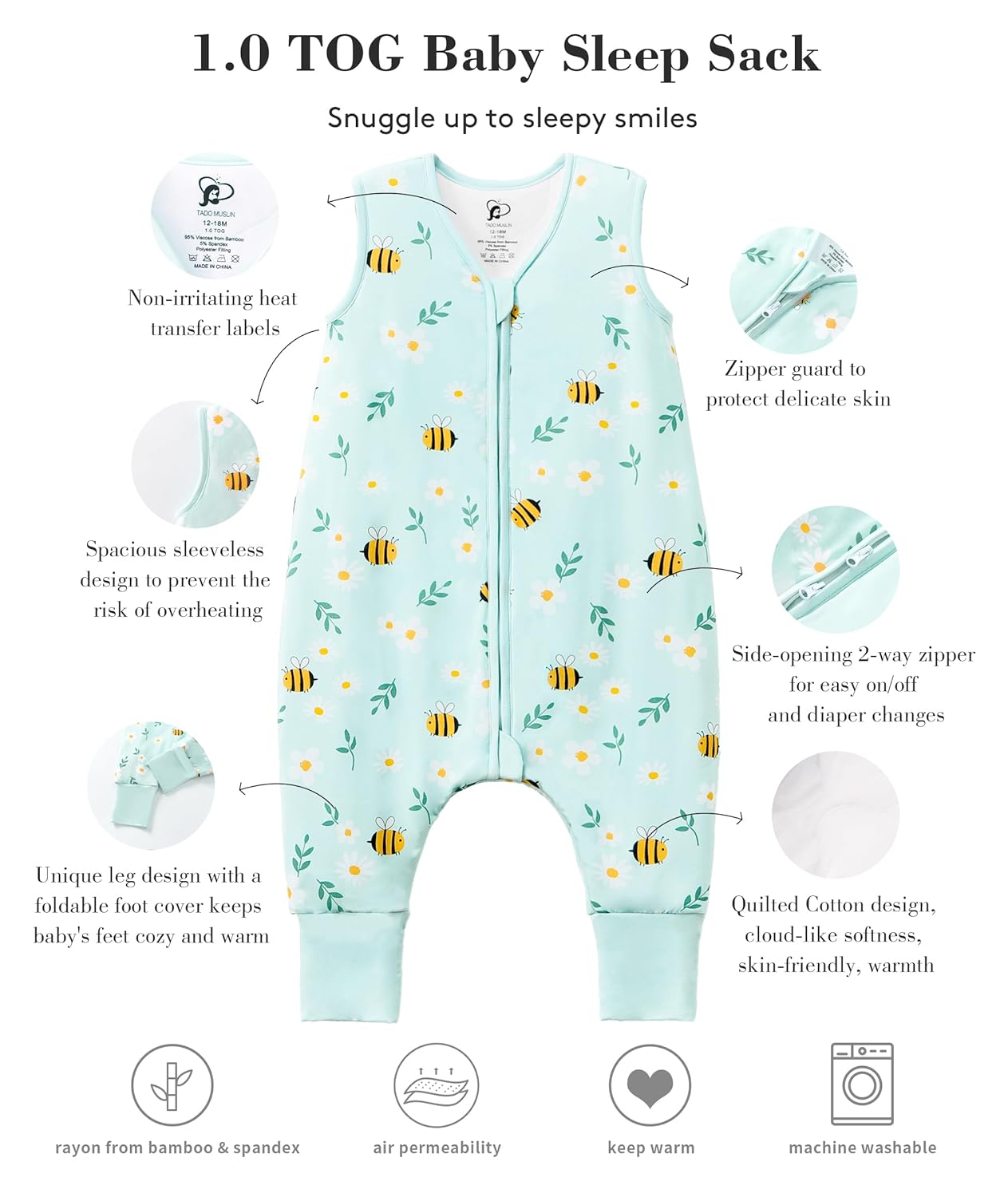 TADO MUSLIN Baby Sleep Sack with 2-Way Zipper 1 TOG 2-36M