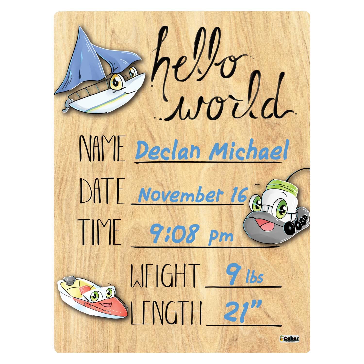 Cohas Hello World Newborn Baby Announcement Wood Sign with Boat Theme