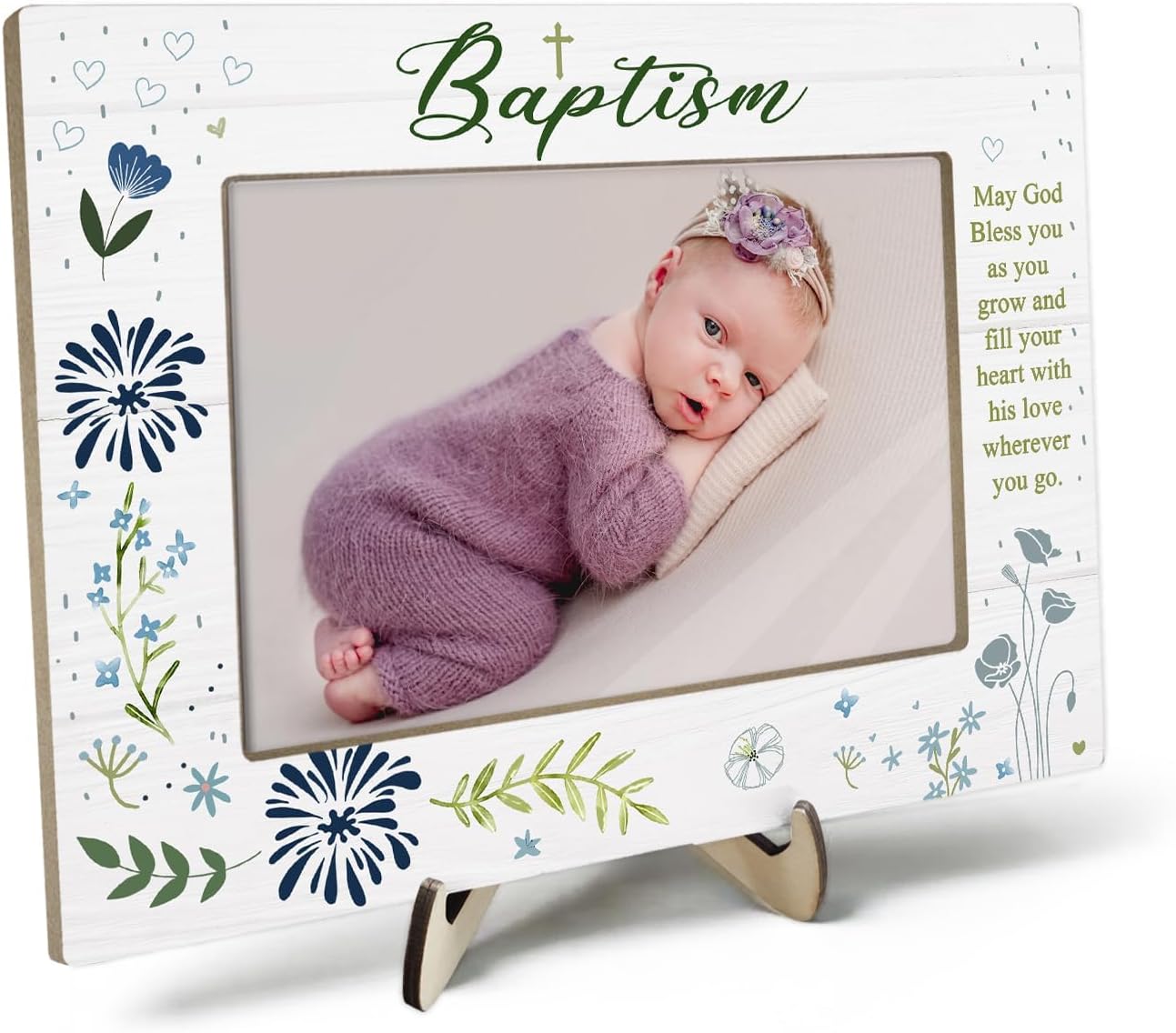 KLYTINK Baptism Photo Frame with Cross and Blessing Message - 4x6Inch Blue